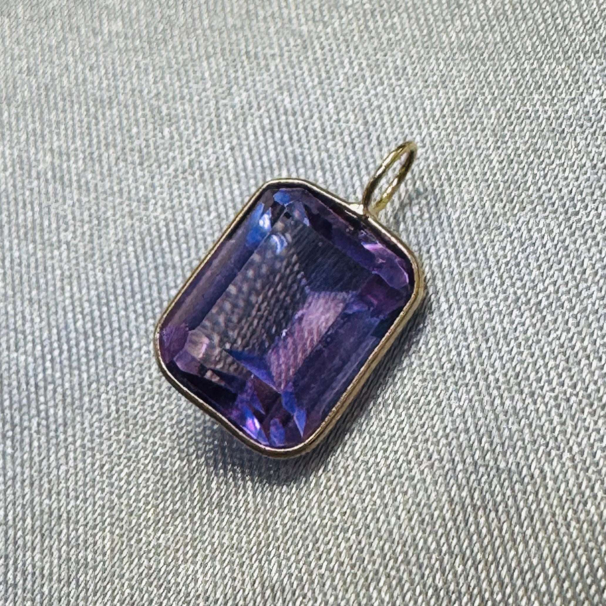 Emerald Cut Amethyst Gem Charm Pendant 14K Yellow Gold