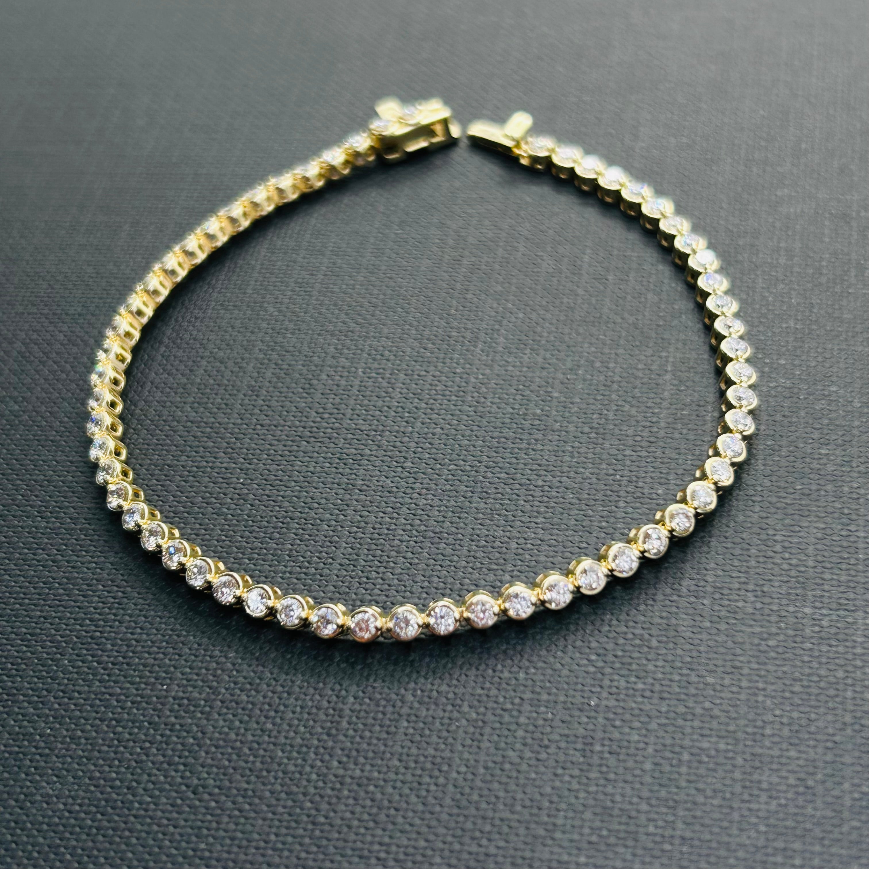 2CT Natural Diamond 7" Solid 14K Yellow Gold Bezeled Tennis Bracelet