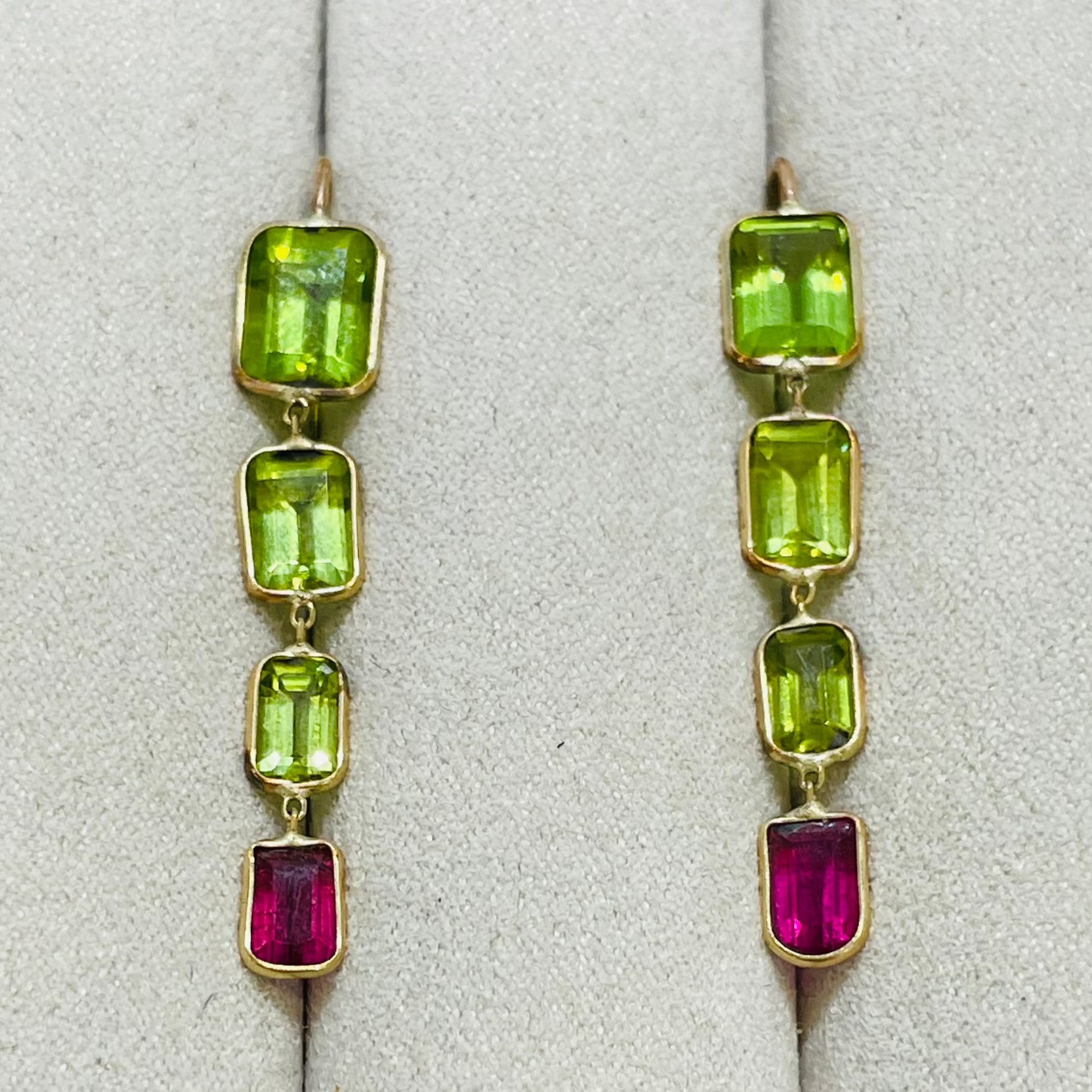 Peridot and Pink Tourmaline 14K Yellow Gold Drop Earrings