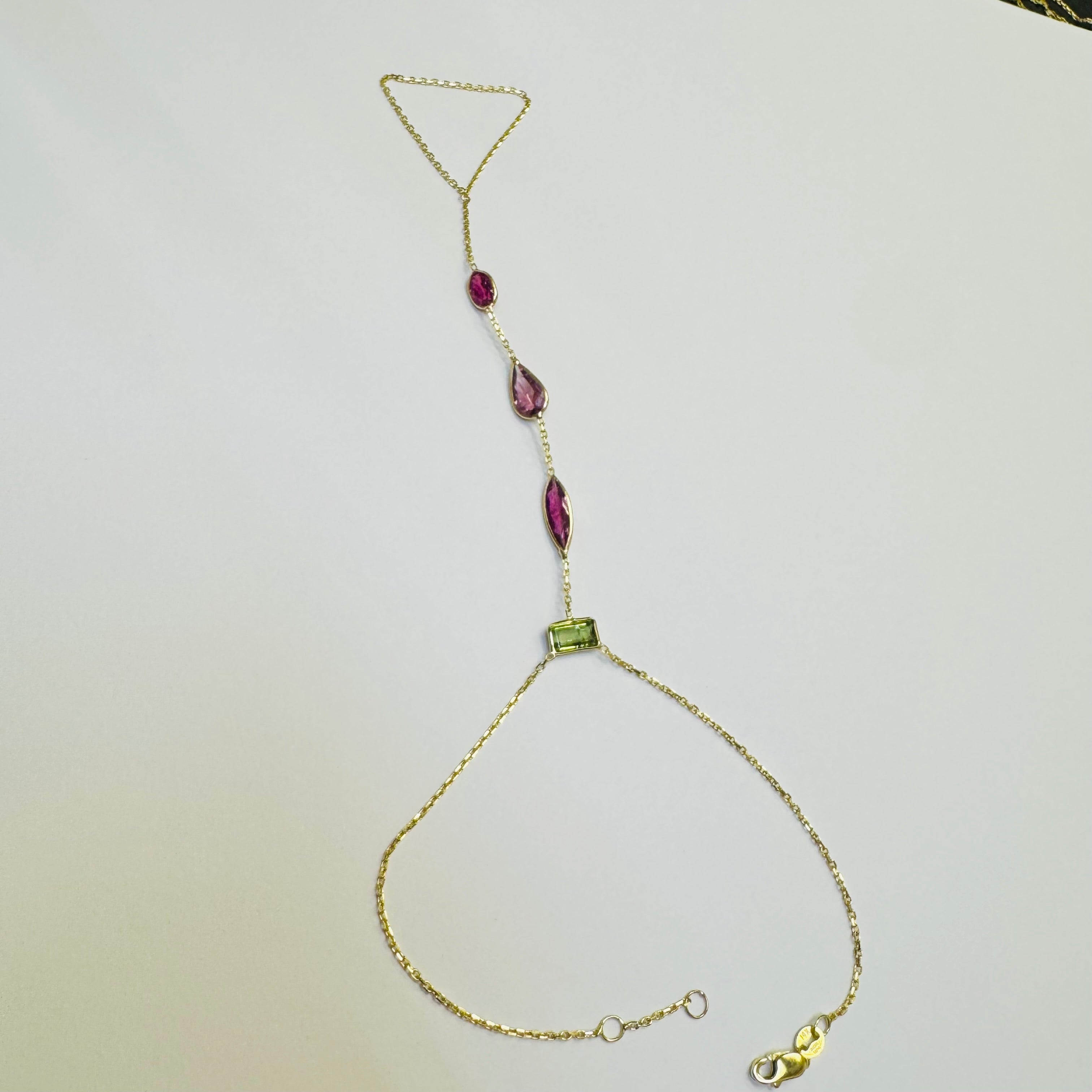 14K Yellow Gold Multi Green and Pink Tourmaline Handchain