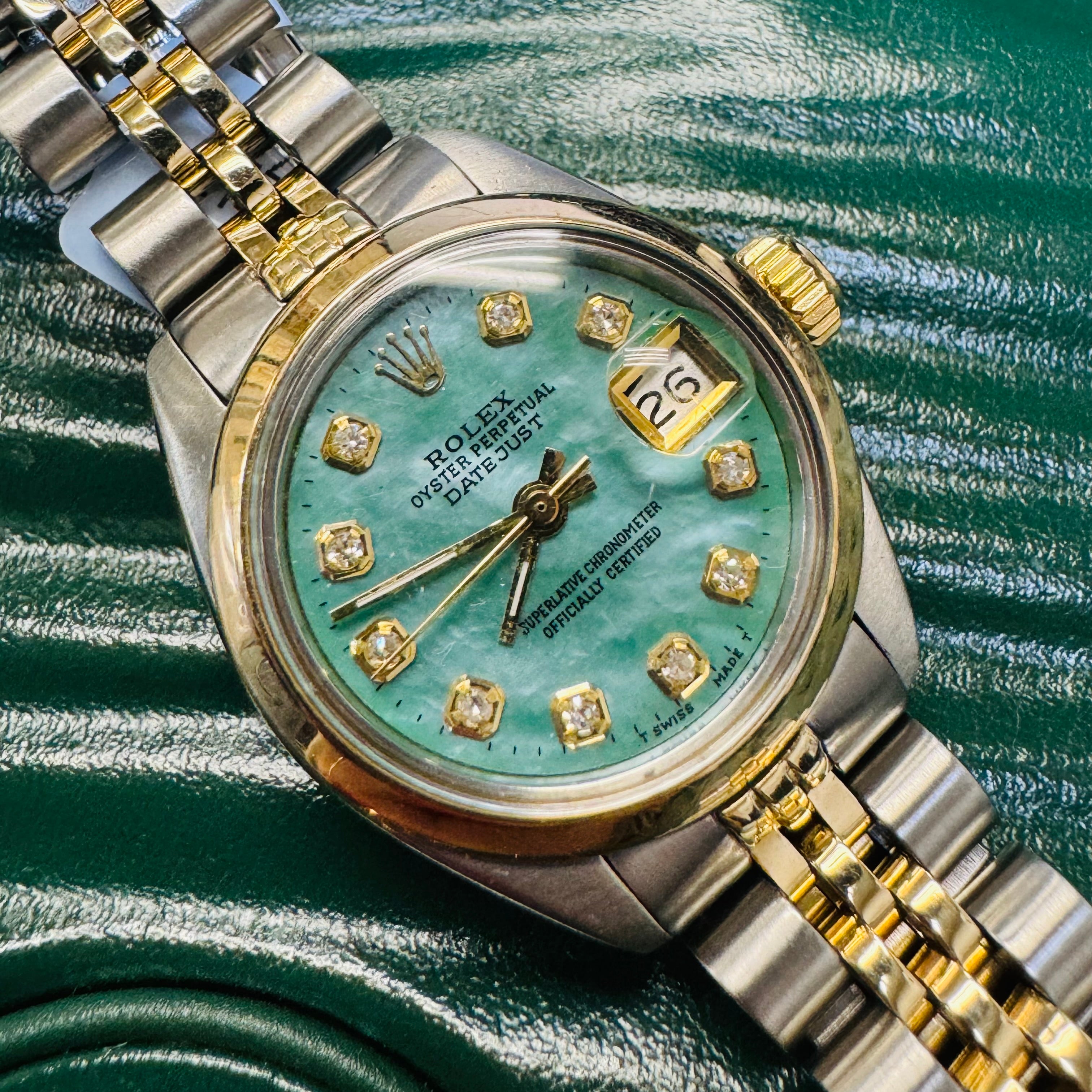 26mm Two Tone Rolex Watch with Teal Mother of Pearl Dial