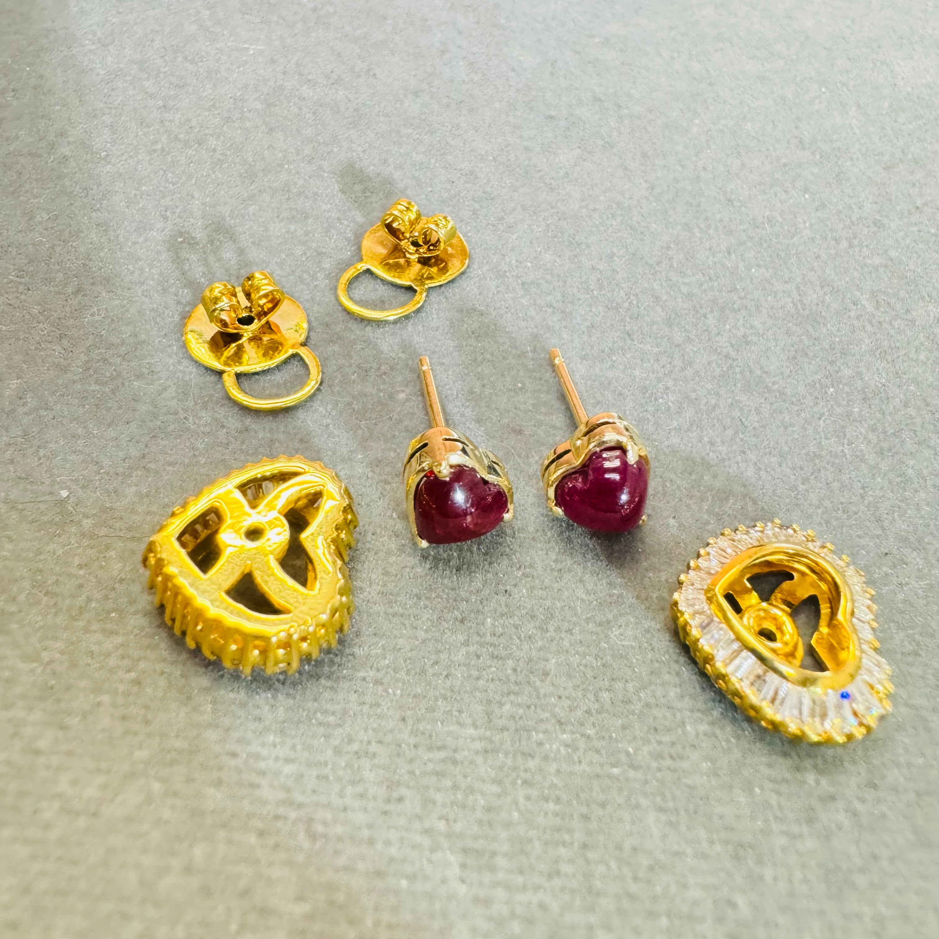 Natural Baguette Diamond and Ruby Cabochon 18K Yellow Gold Stud Earrings Convertible with Jackets