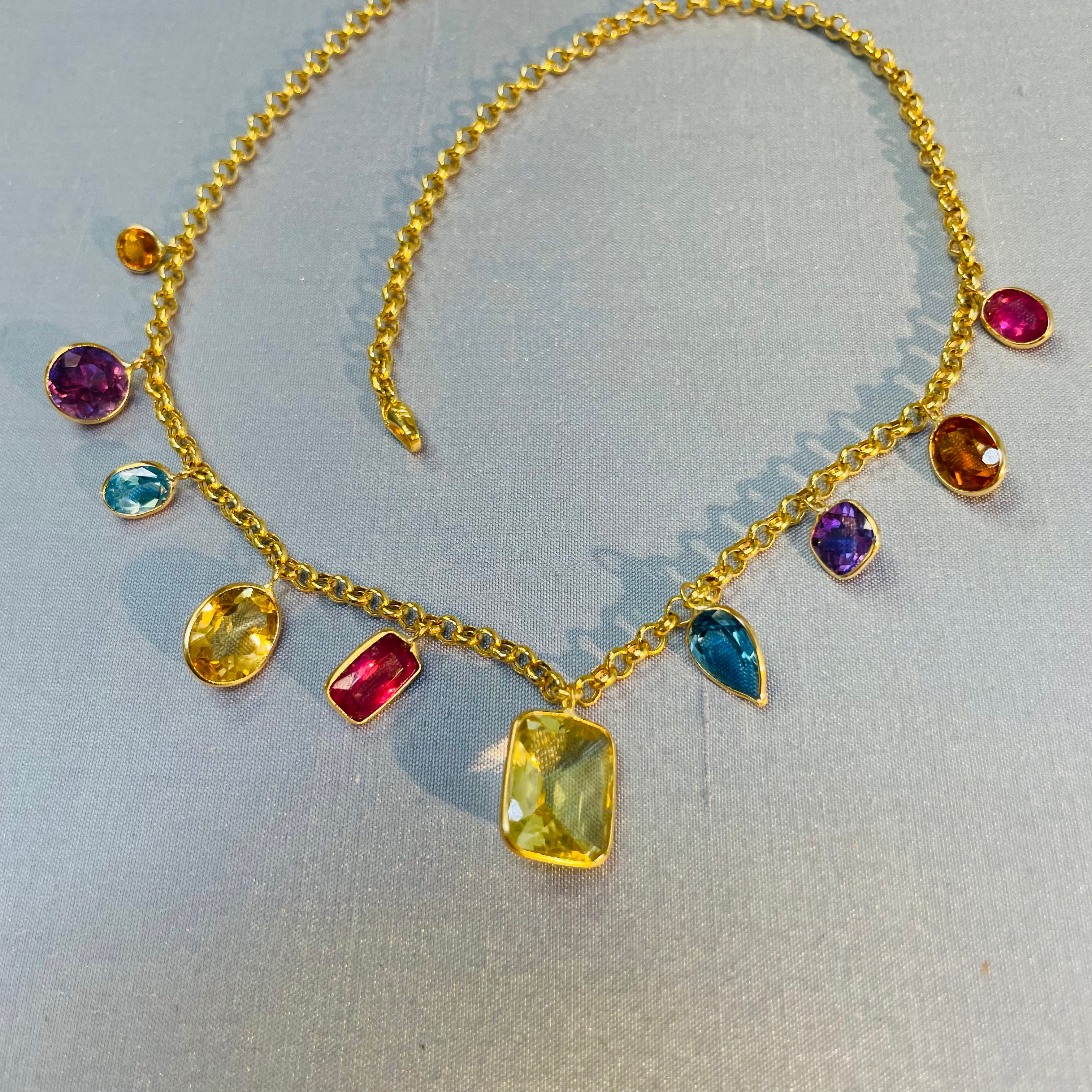 Bright and Colorful! Solid 14K Yellow Gold Gem Charm Necklace with Pink Tourmaline Topaz Citrine Aquamarine, and Amethyst Custom