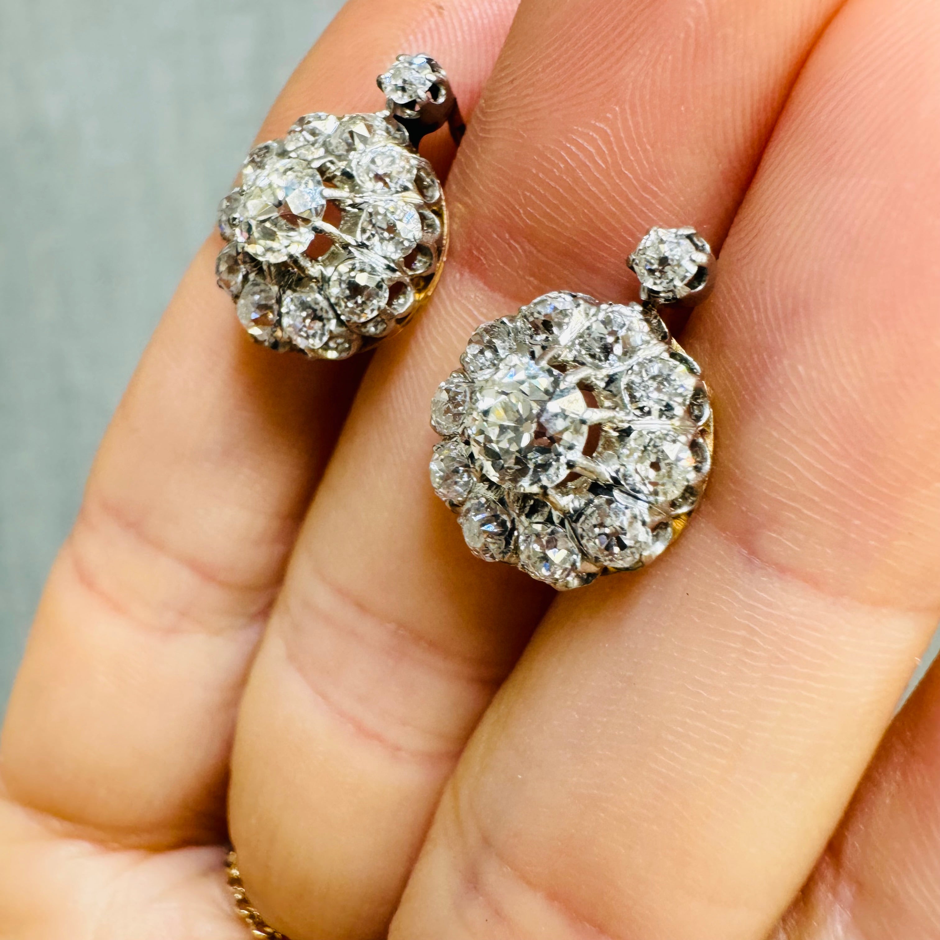 4CTW Old Mine Diamond Cluster Earring Studs with French Backs