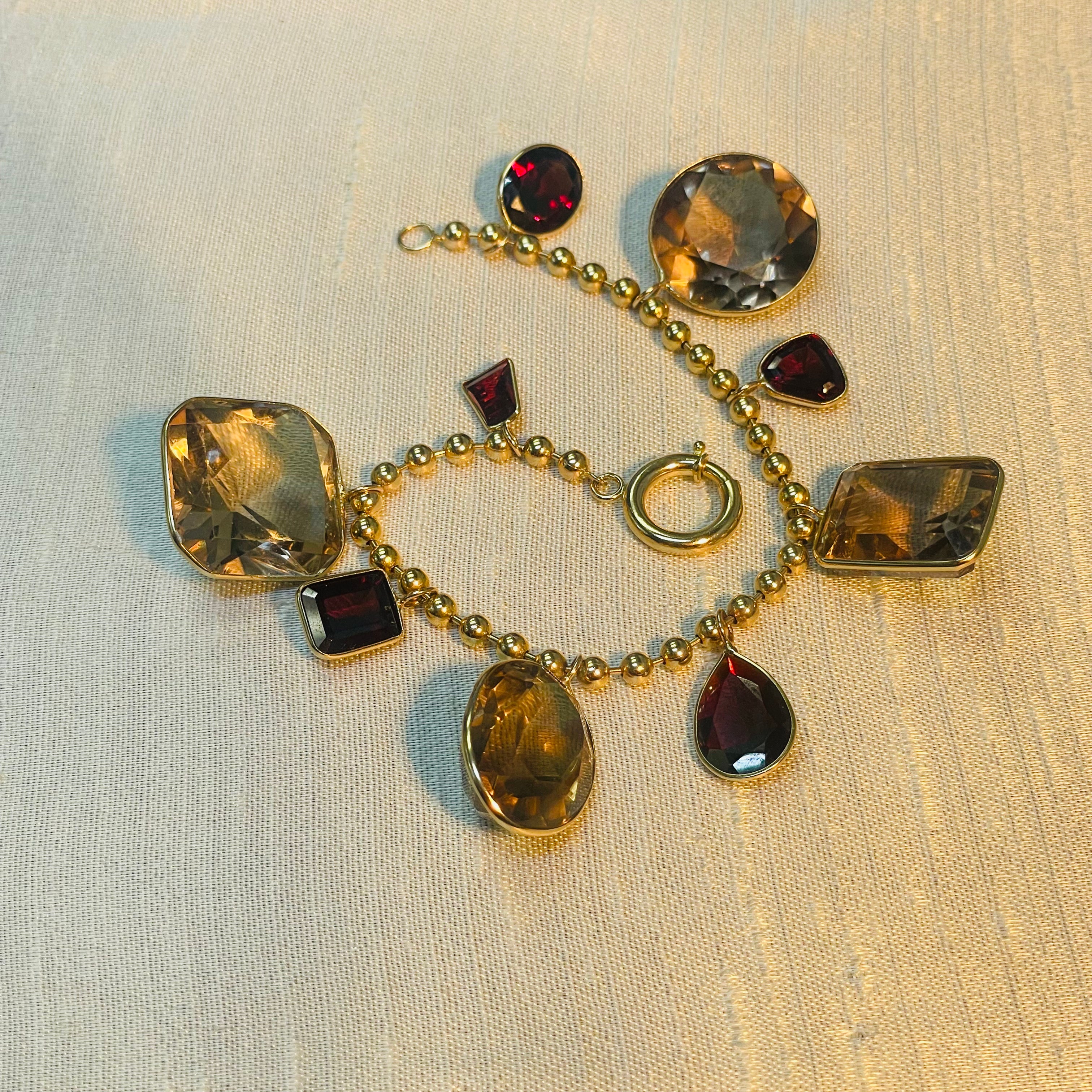 Extra Large Smokey Topaz and Red Garnet Gem Charm 14K Yellow Gold Charm Bracelet 7"