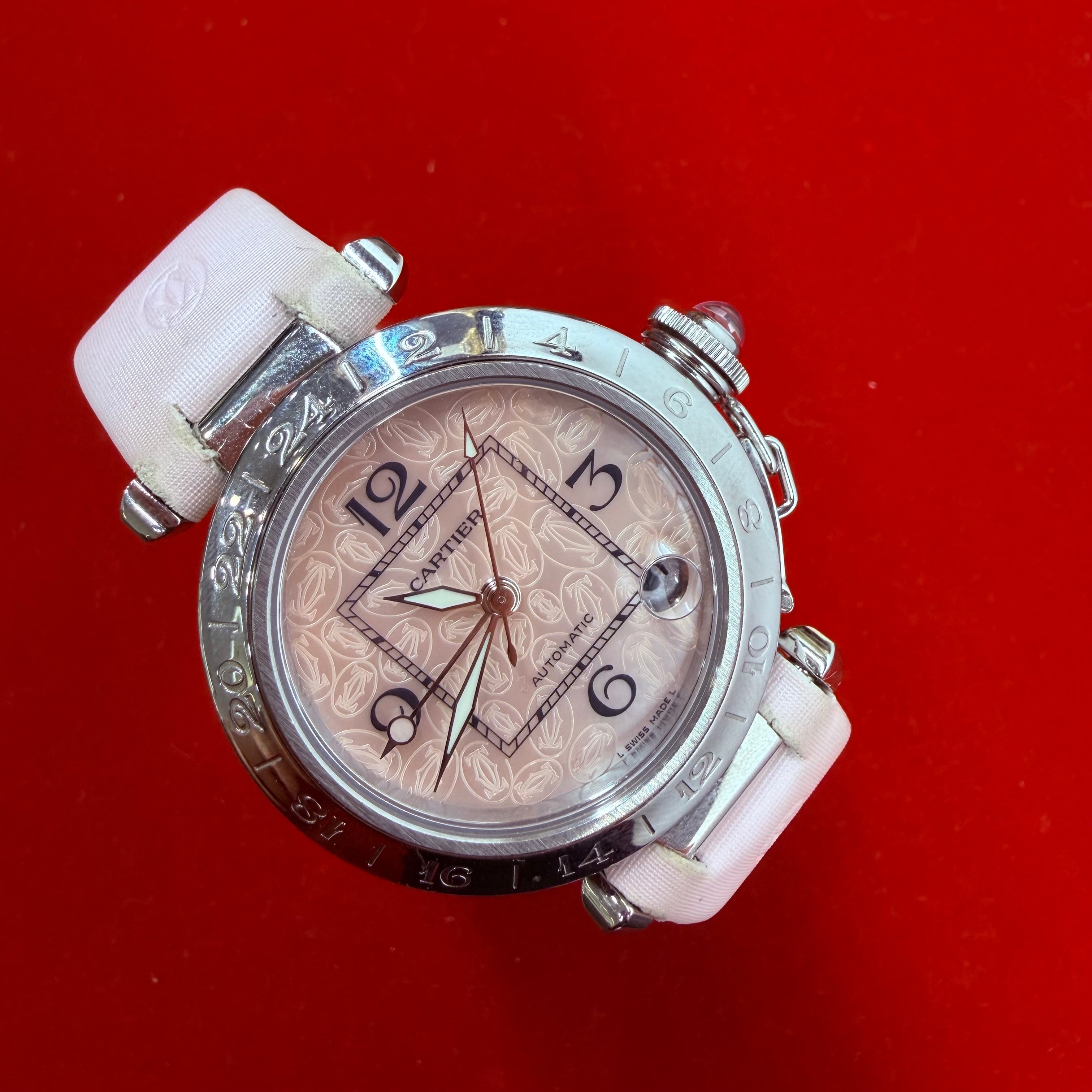 Cartier Pasha C Pink Dial Automatic Stainless Steel Wrist Watch 6.25”