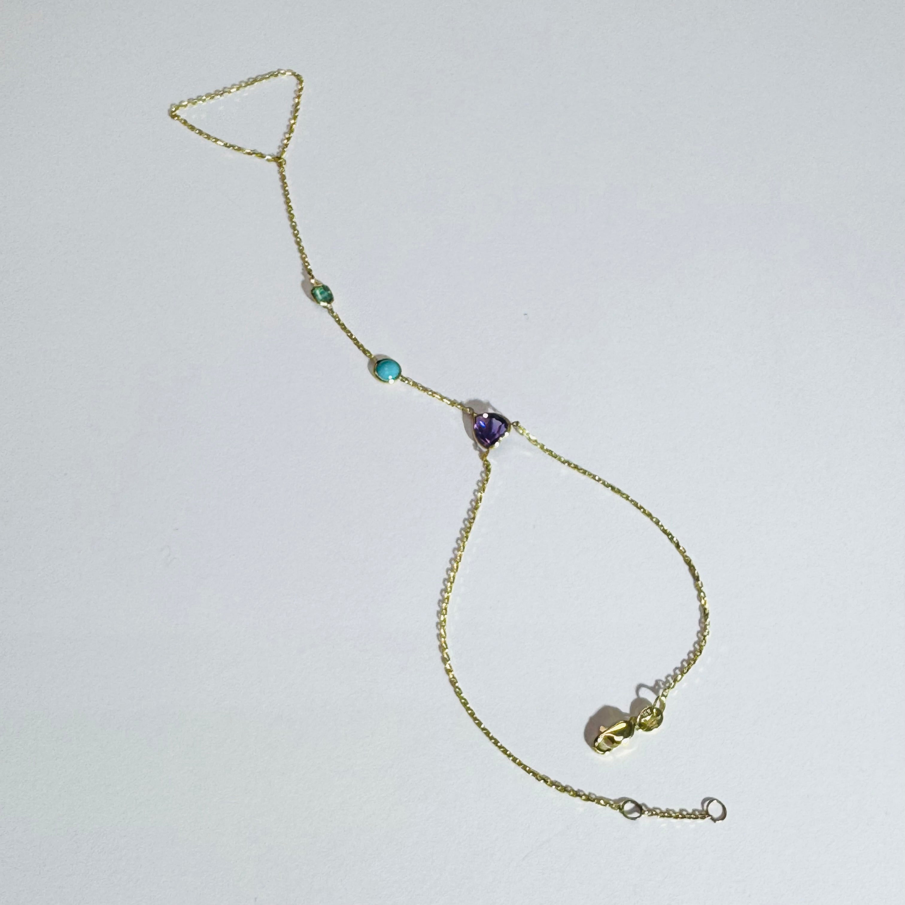 Emerald Turquoise Amethyst 14K Yellow Gold Handchain