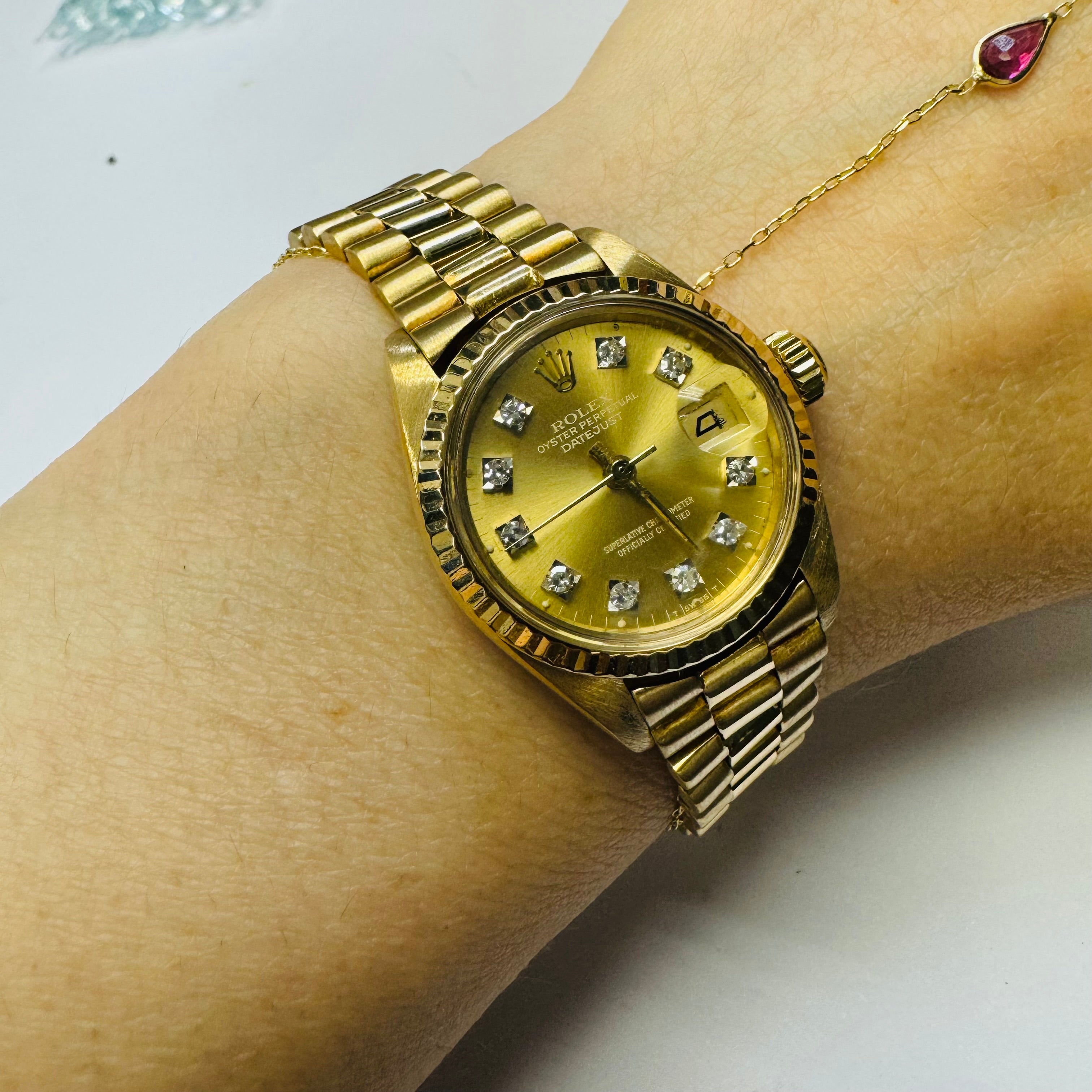 26mm 18K Yellow Gold Vintage Ladies Presidential Rolex Wristwatch Diamond Dial Watch