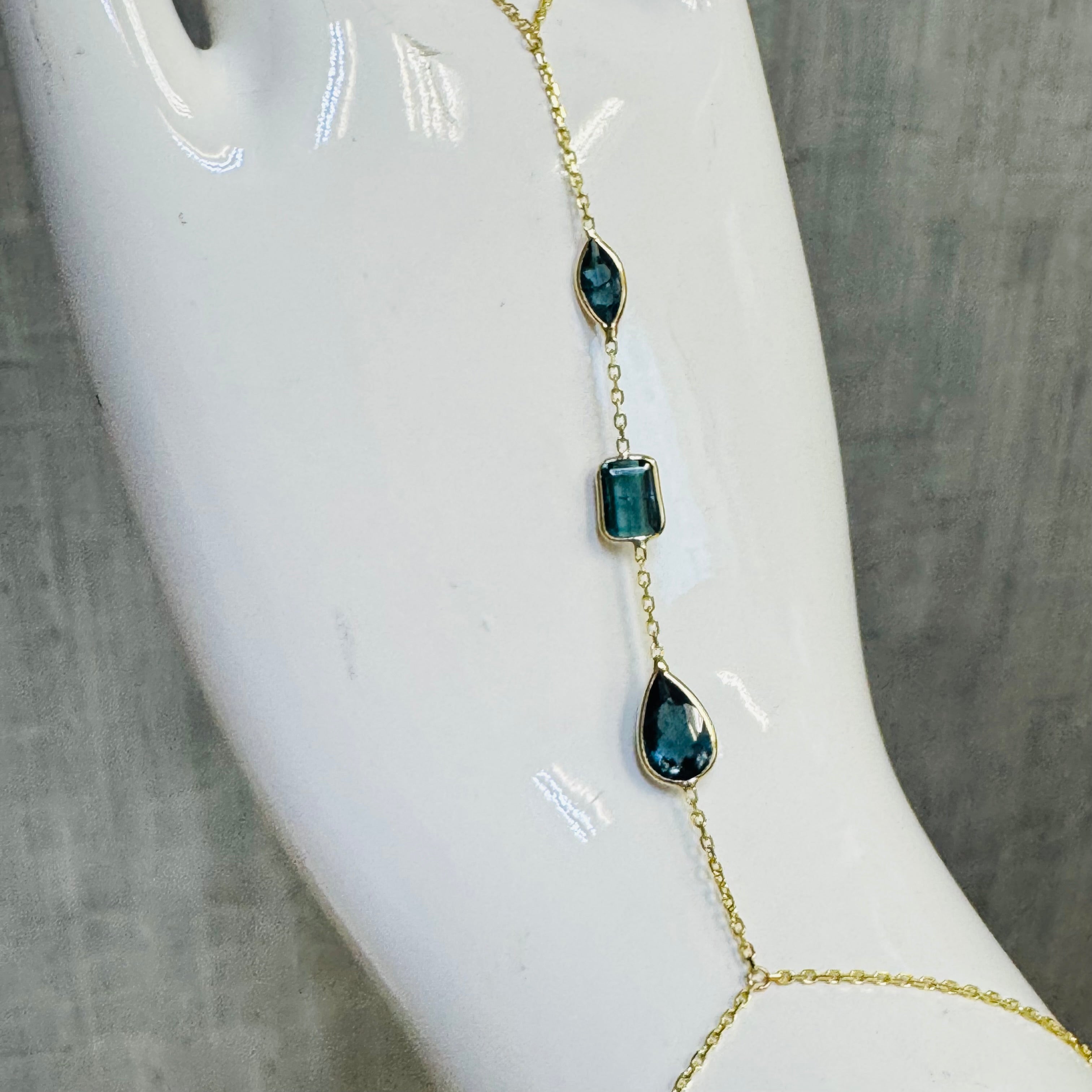 14K Yellow Gold Multi Teal Blue Tourmaline Handchain