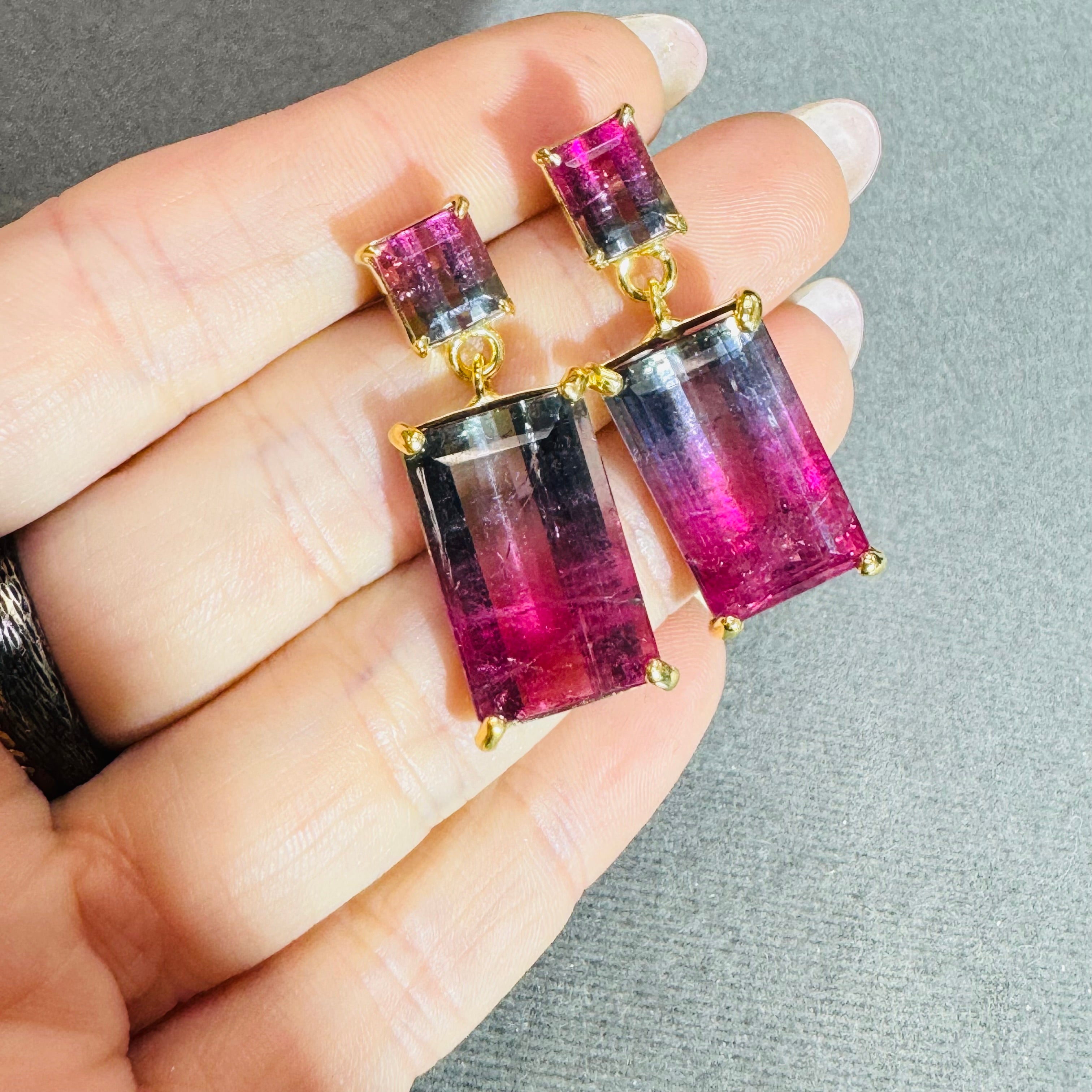 Bi-Color Pink Tourmaline 14K Yellow Gold Drop Earrings