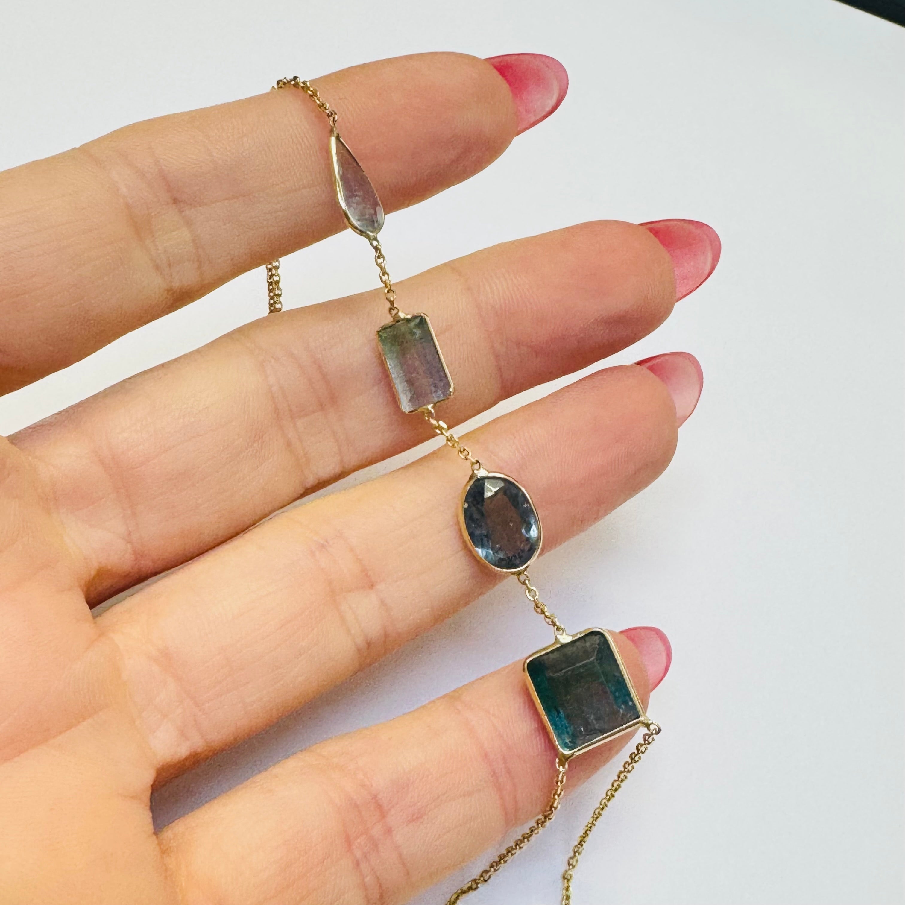 14K Yellow Gold Ombre Teal Tourmaline Handchain