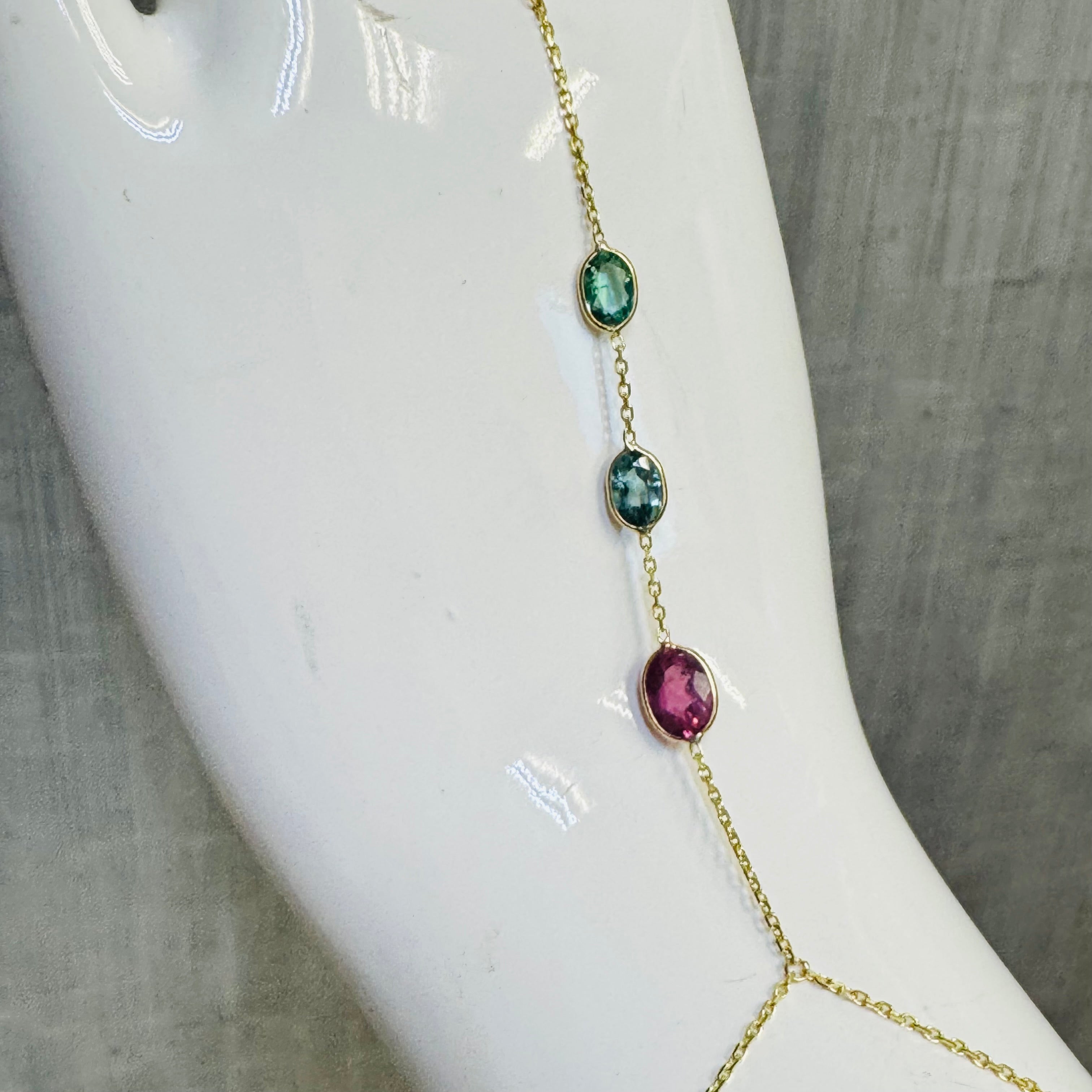14K Yellow Gold Multi Green and Pink Tourmaline Handchain