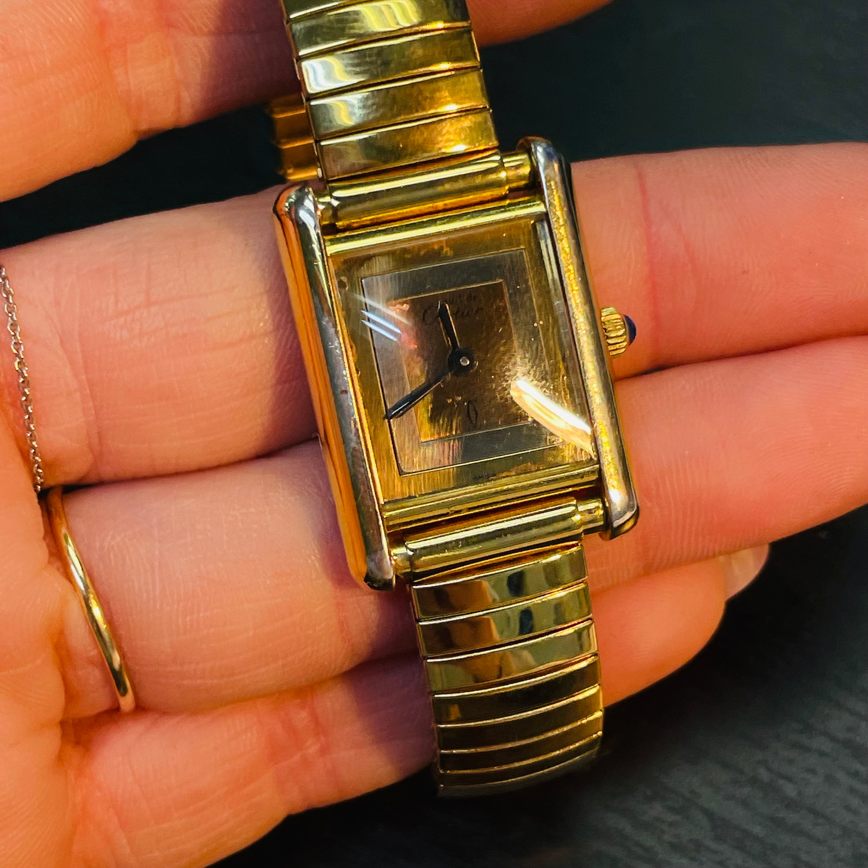 20x26mm Tri Tone Gold Vermeil Must de Cartier Tank Watch with Tubogas Stretch Band