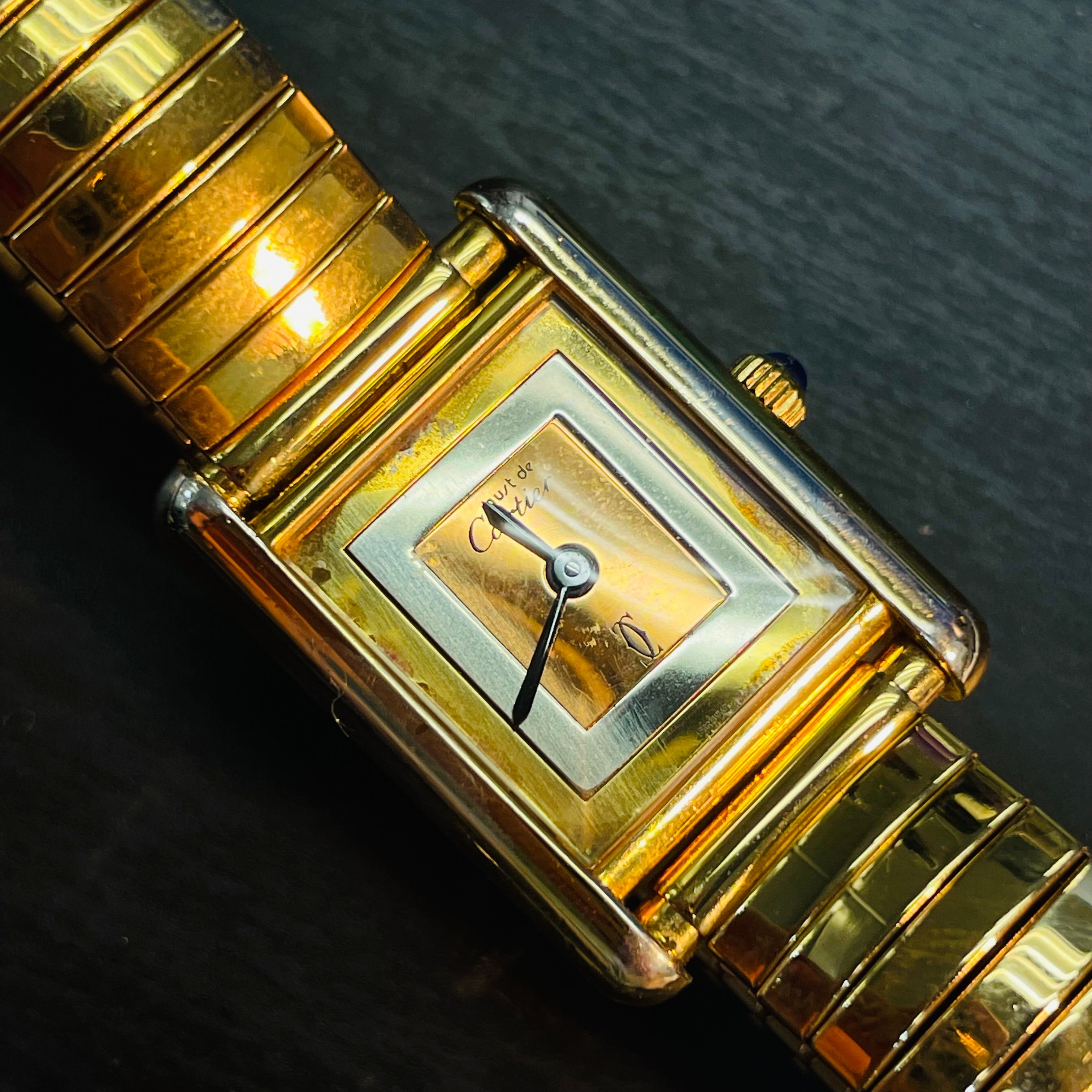 20x26mm Tri Tone Gold Vermeil Must de Cartier Tank Watch with Tubogas Stretch Band