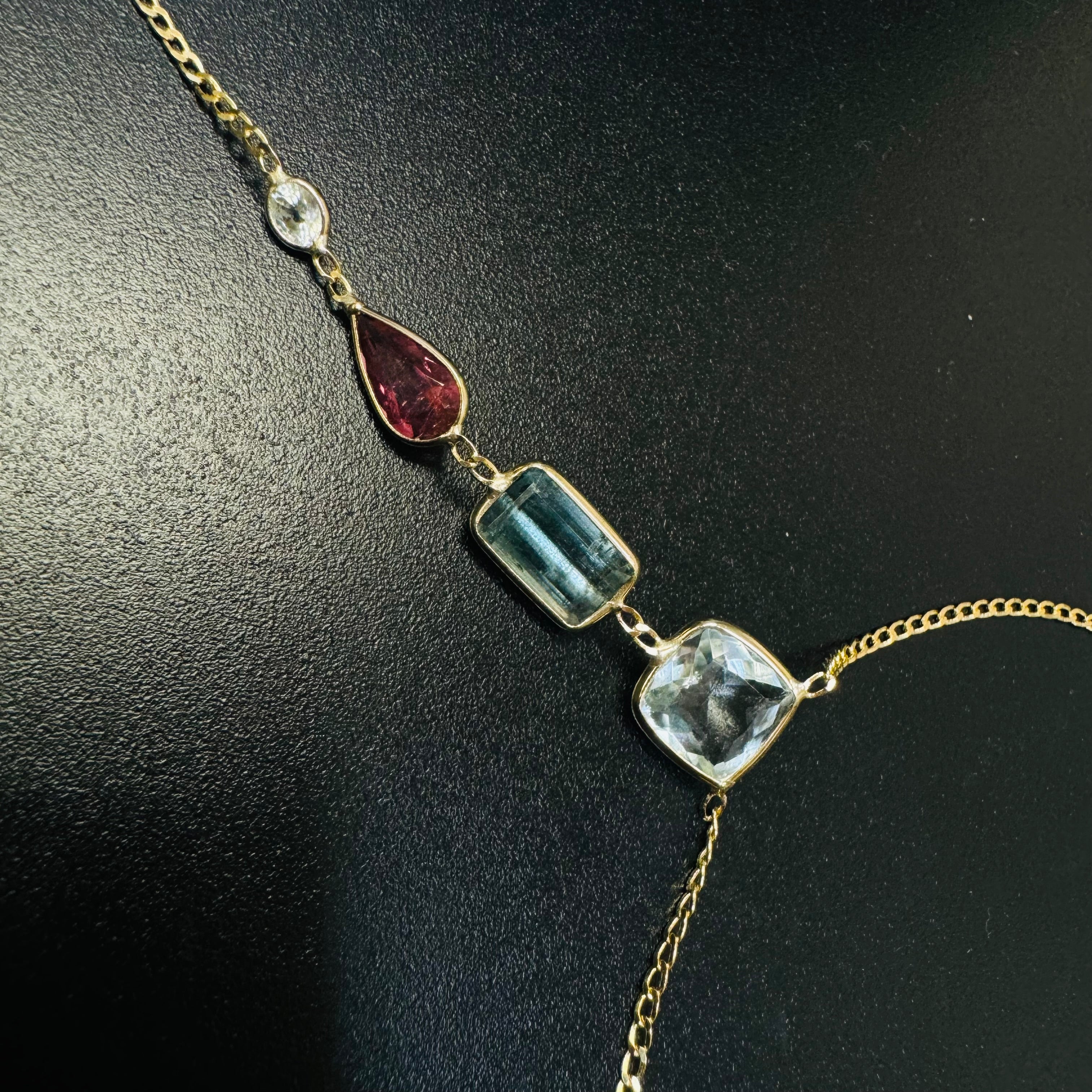 Multi Gem Aquamarine Tourmaline Sapphire 14K Yellow Gold Curb Link Handchain