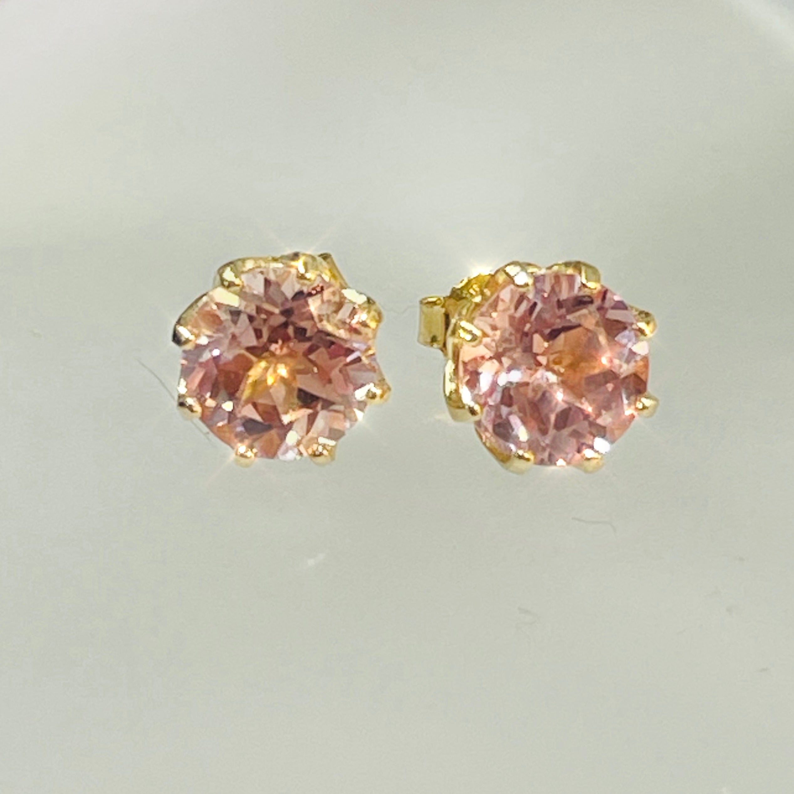 Natural Pink Morganite 9mm Solid 14K Yellow Gold Stud Earrings