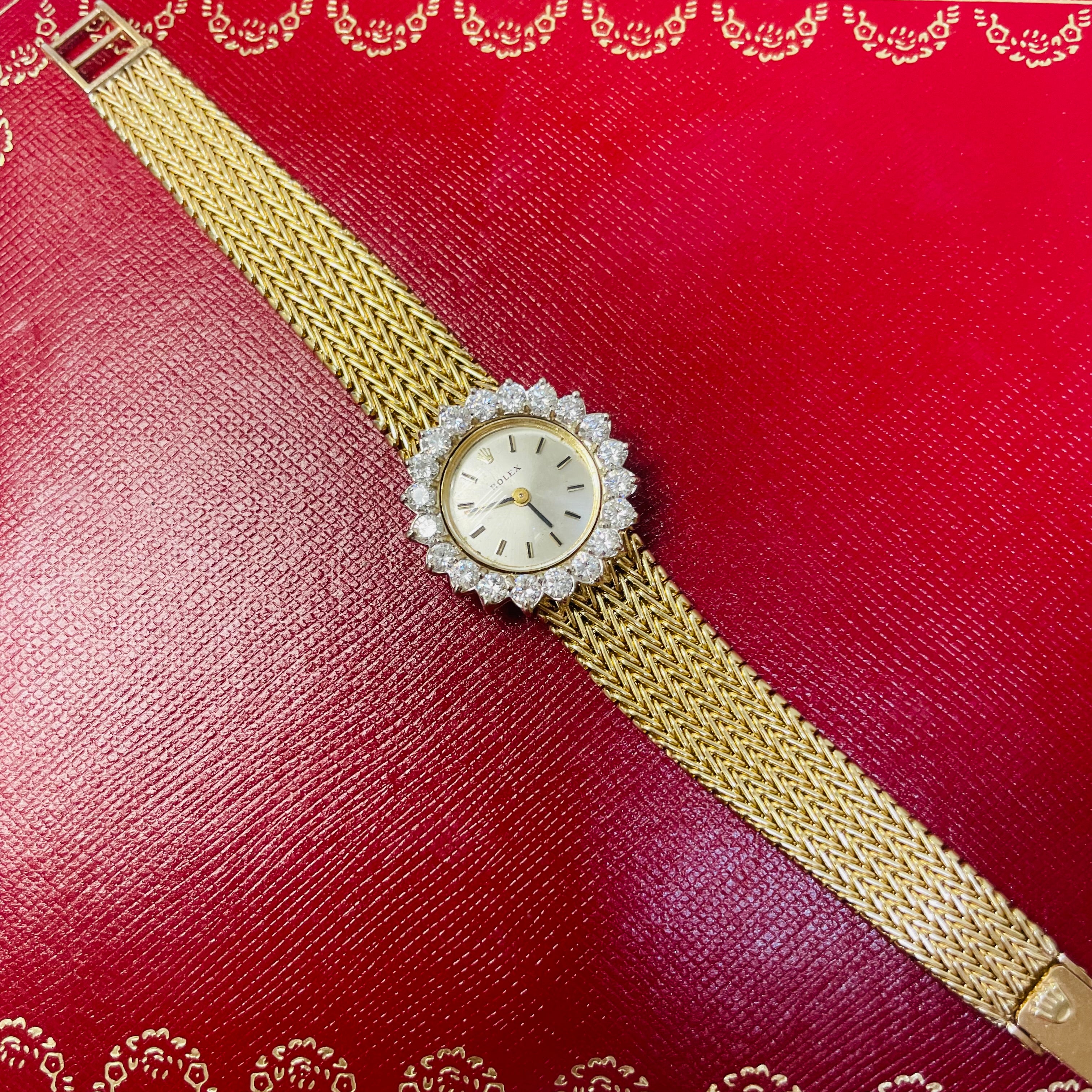 25mm Vintage Ladies Rolex Wristwatch with Factory Diamond Halo Bezel in Solid 14K Yellow Gold