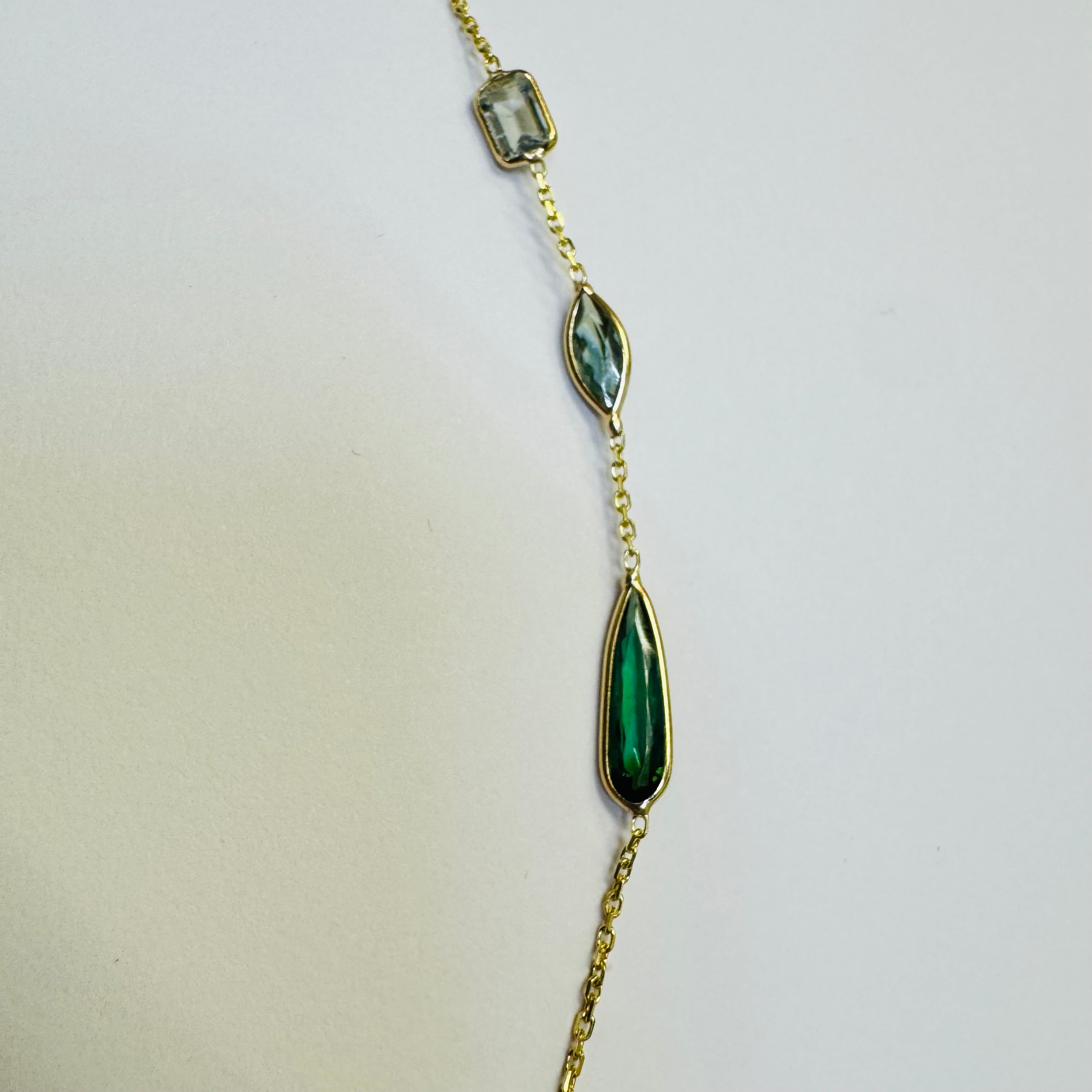 14K Yellow Gold Multi Ombre Green Tourmaline Handchain