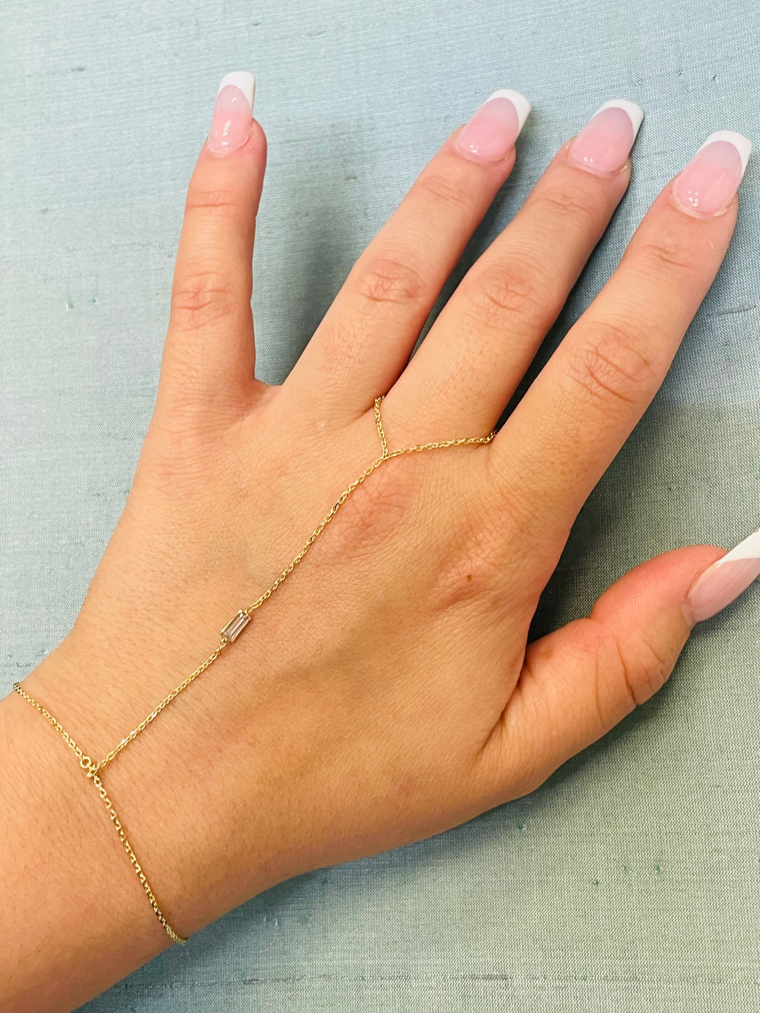 Long Baguette Diamond Solid 14K Yellow Gold Handchain Bracelet