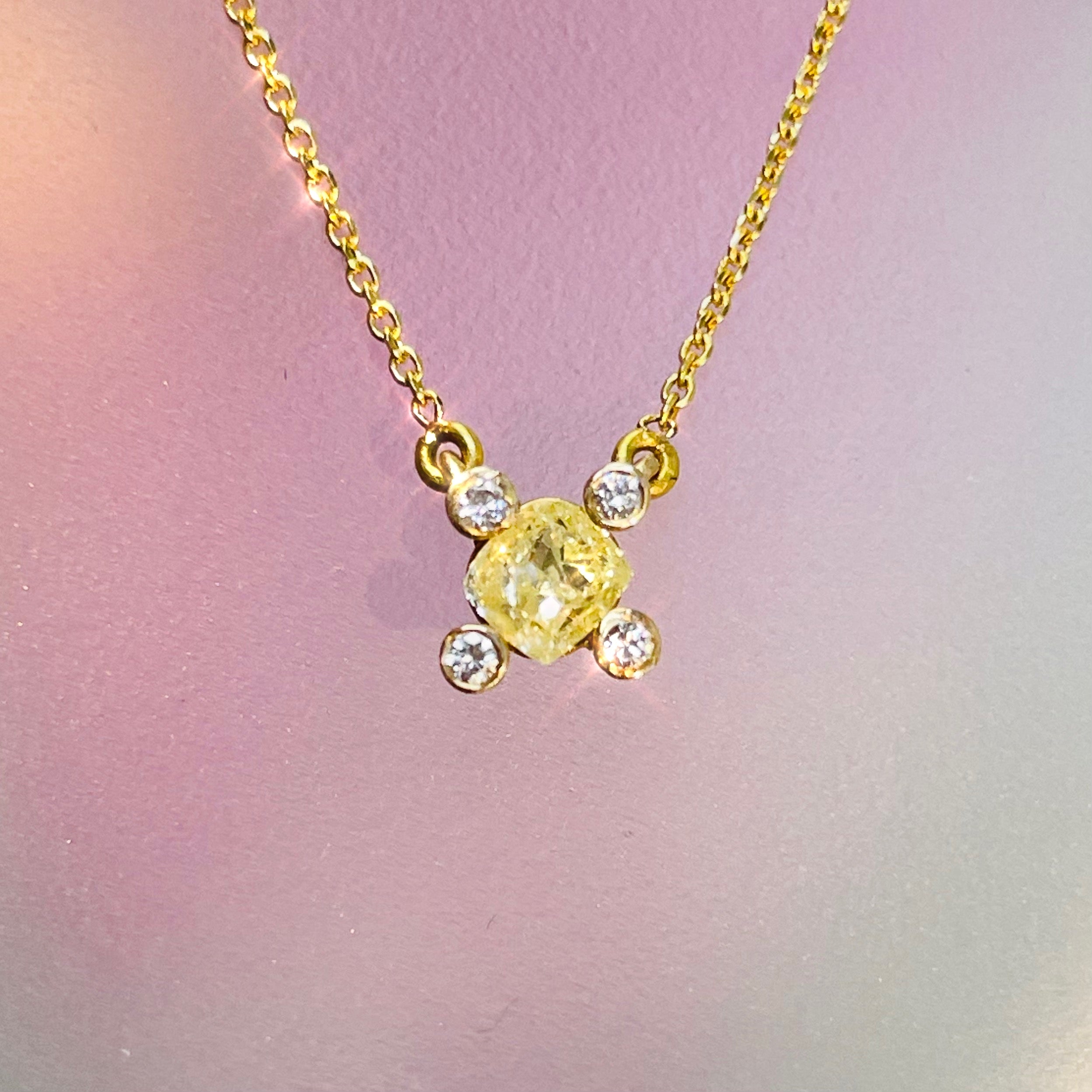 .40CT Canary Diamond Cushion Solitaire 16” 14K Yellow Gold Solitaire Necklace with Diamond Tipped Prongs