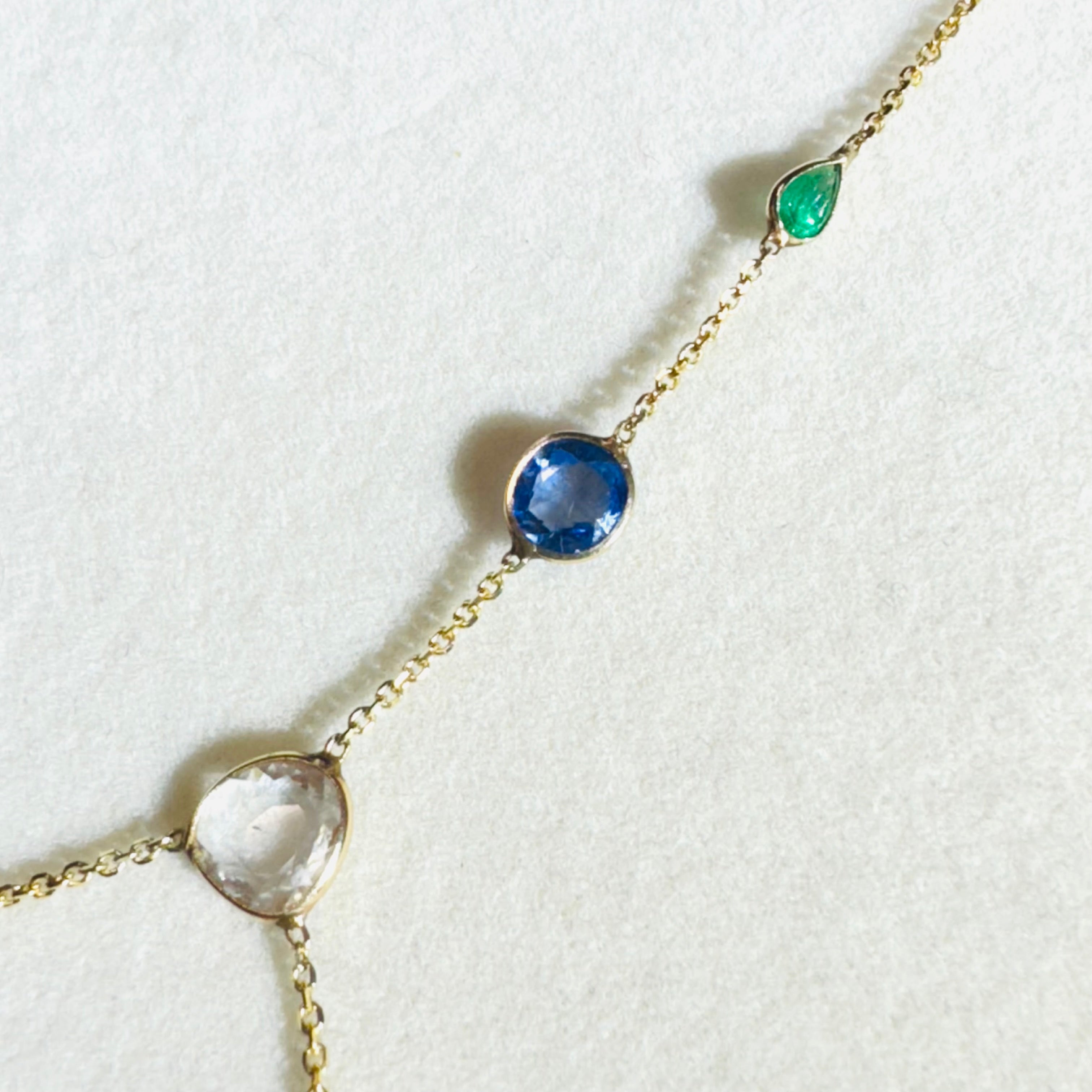 Rose Cut Sapphire, Blue Sapphire and Emerald Hand Chain Solid 14k Yellow Gold