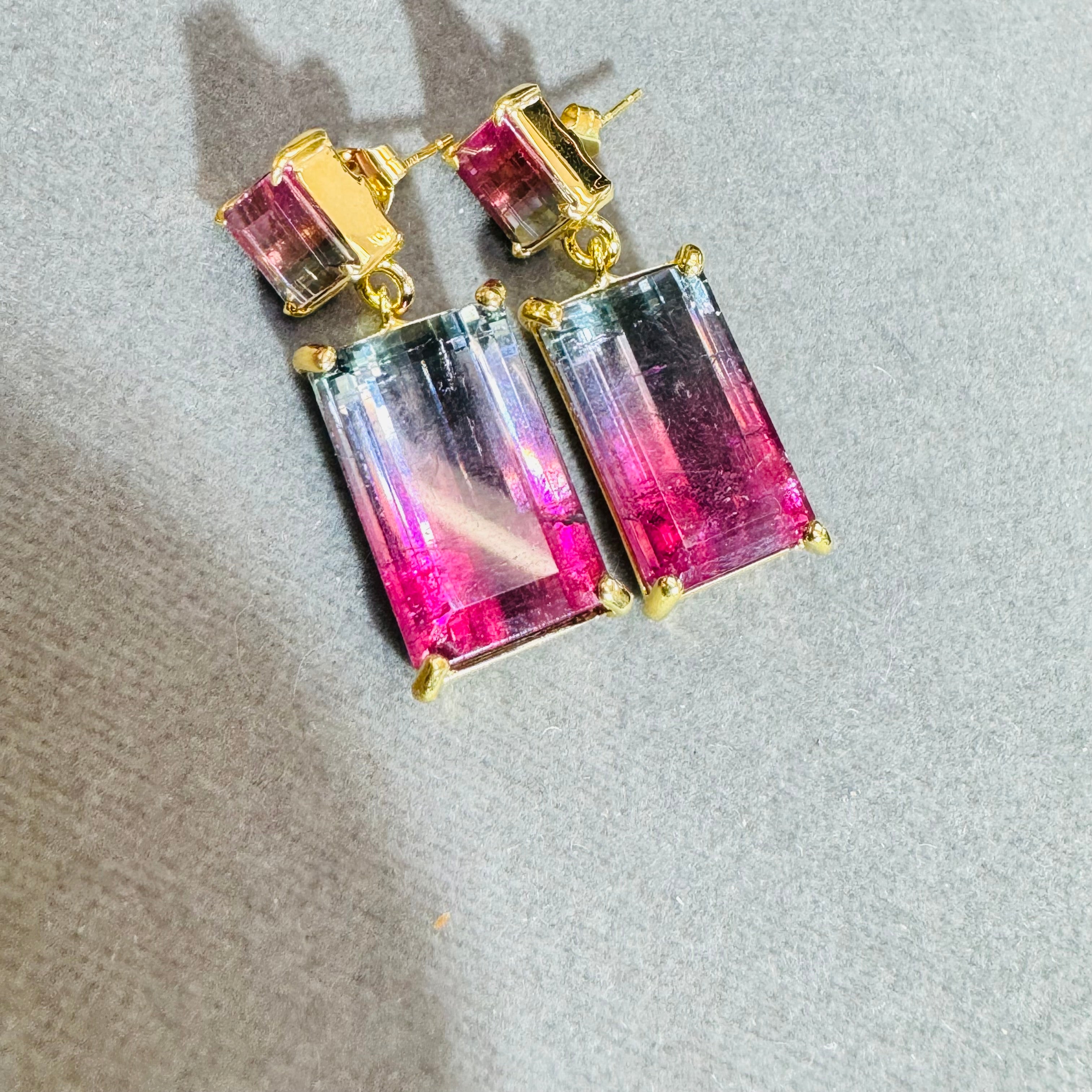 Bi-Color Pink Tourmaline 14K Yellow Gold Drop Earrings