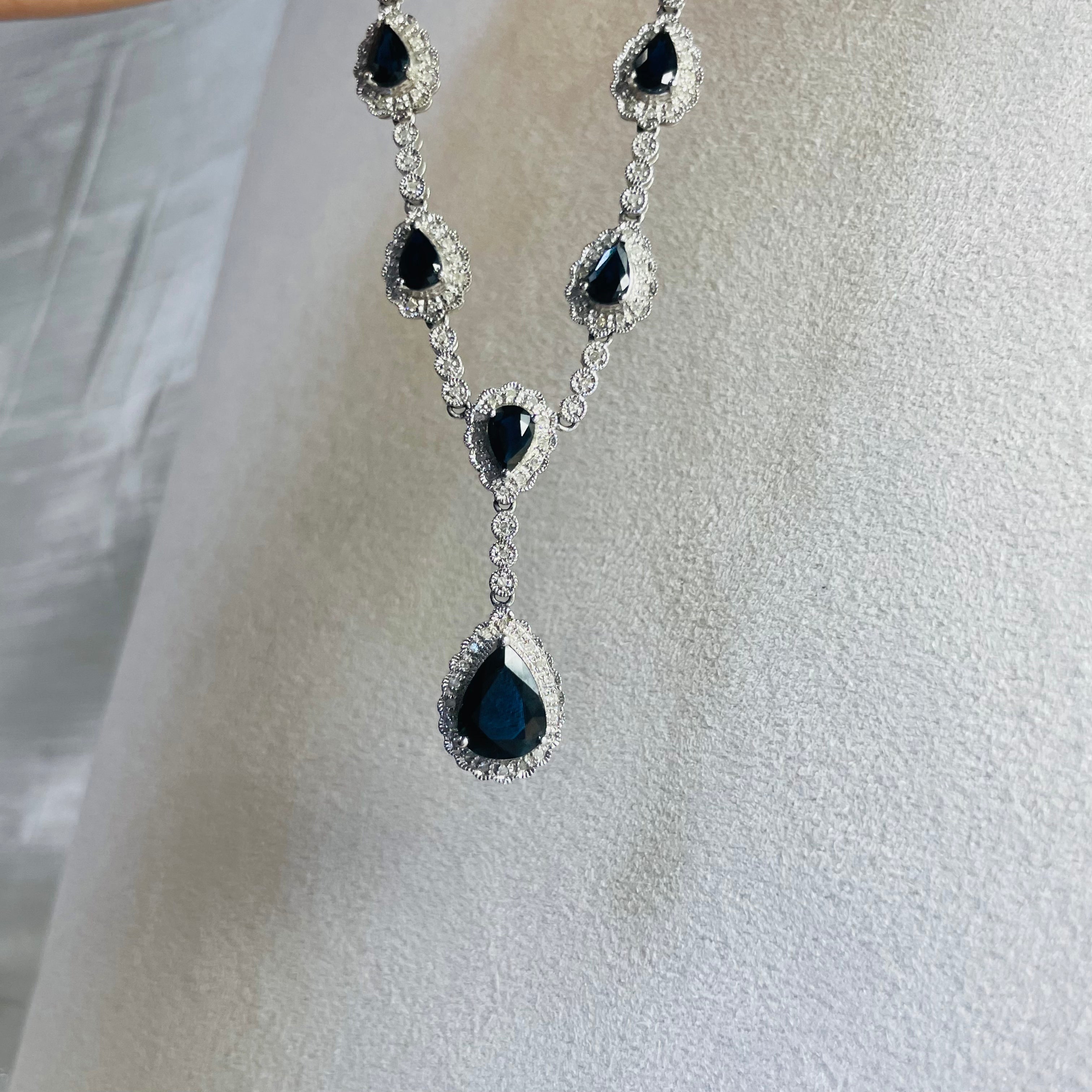 6.5CTW Sapphire and Diamond Festoon Drop Necklace 14K White Gold