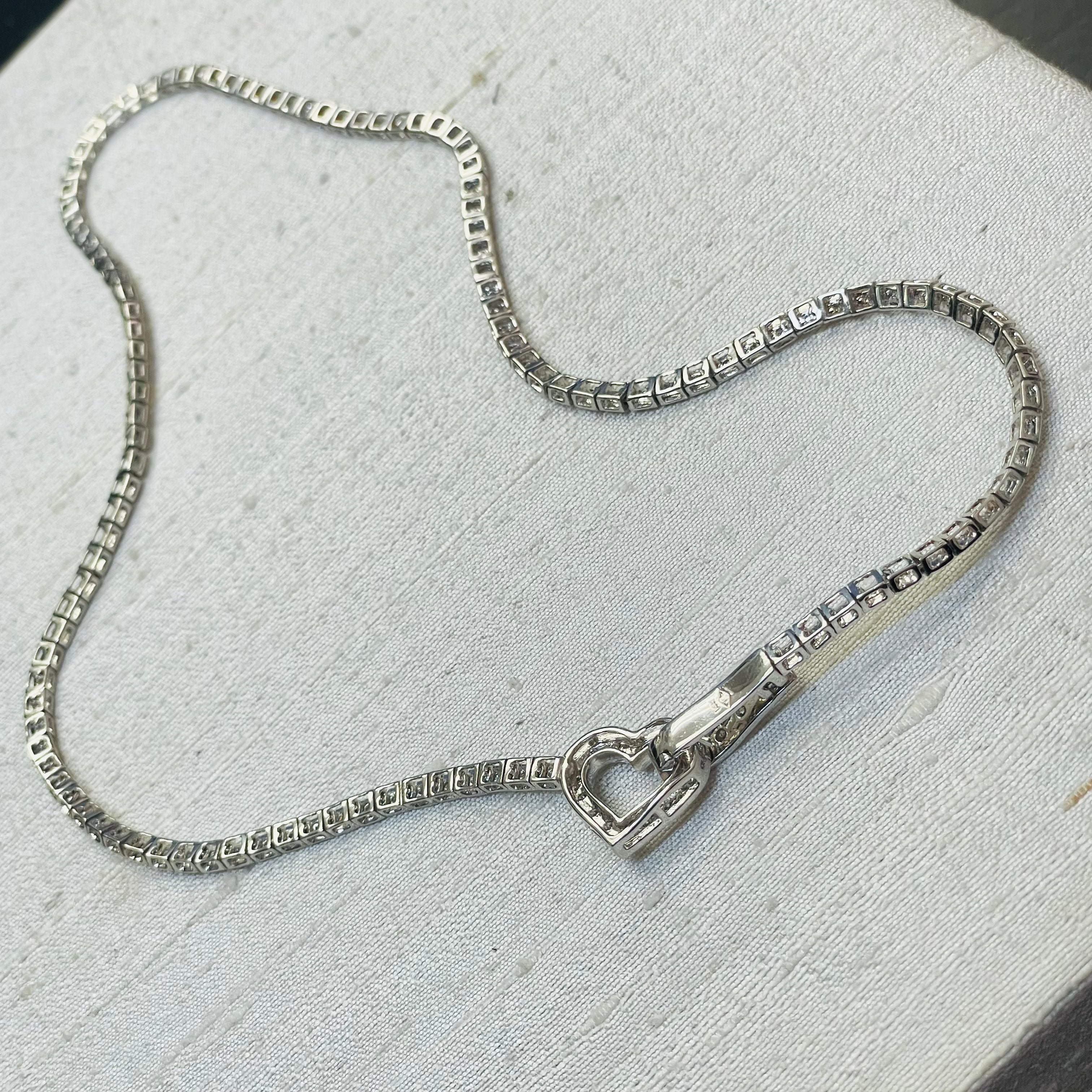 14K White Gold Natural Diamond Tennis Necklace with Heart Center