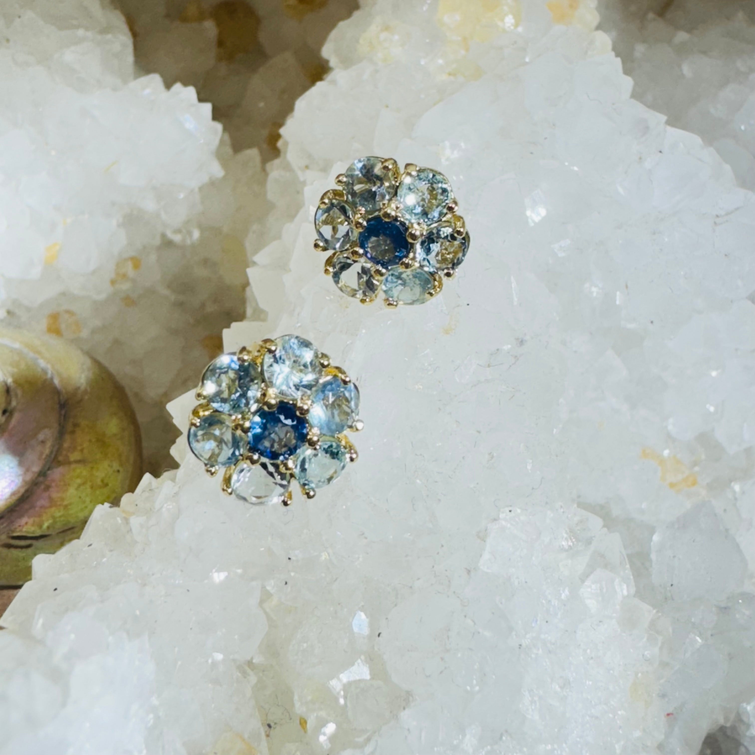 Natural Aquamarine and Sapphire Cluster Flower 14K Yellow Gold Stud Earrings