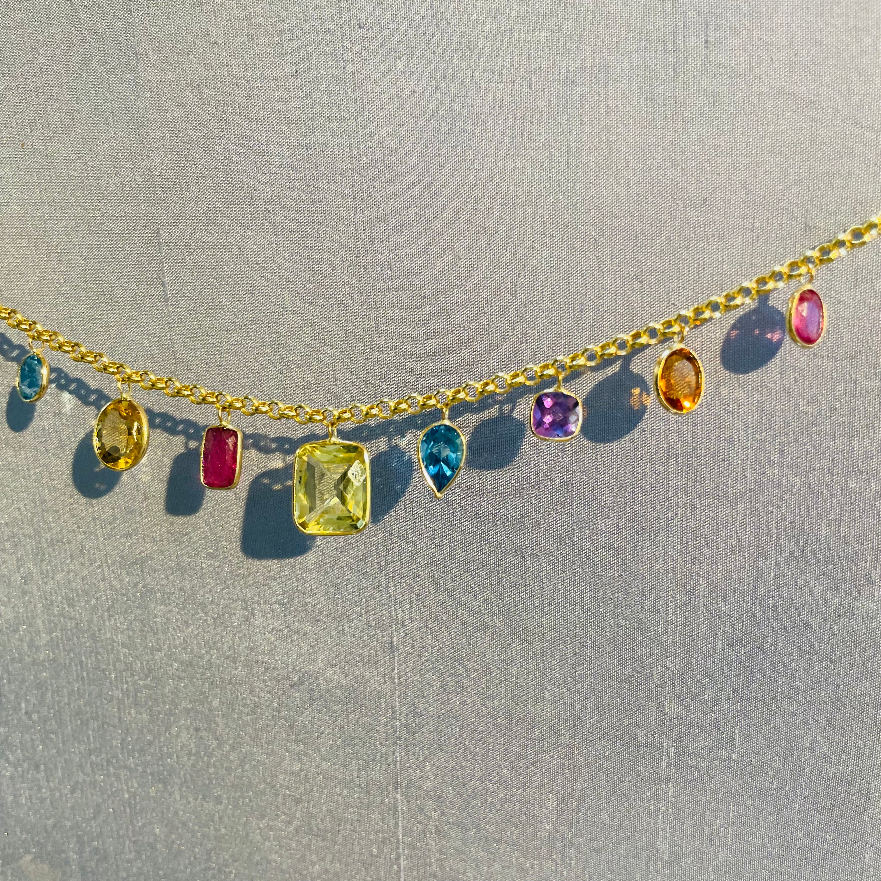 Bright and Colorful! Solid 14K Yellow Gold Gem Charm Necklace with Pink Tourmaline Topaz Citrine Aquamarine, and Amethyst Custom