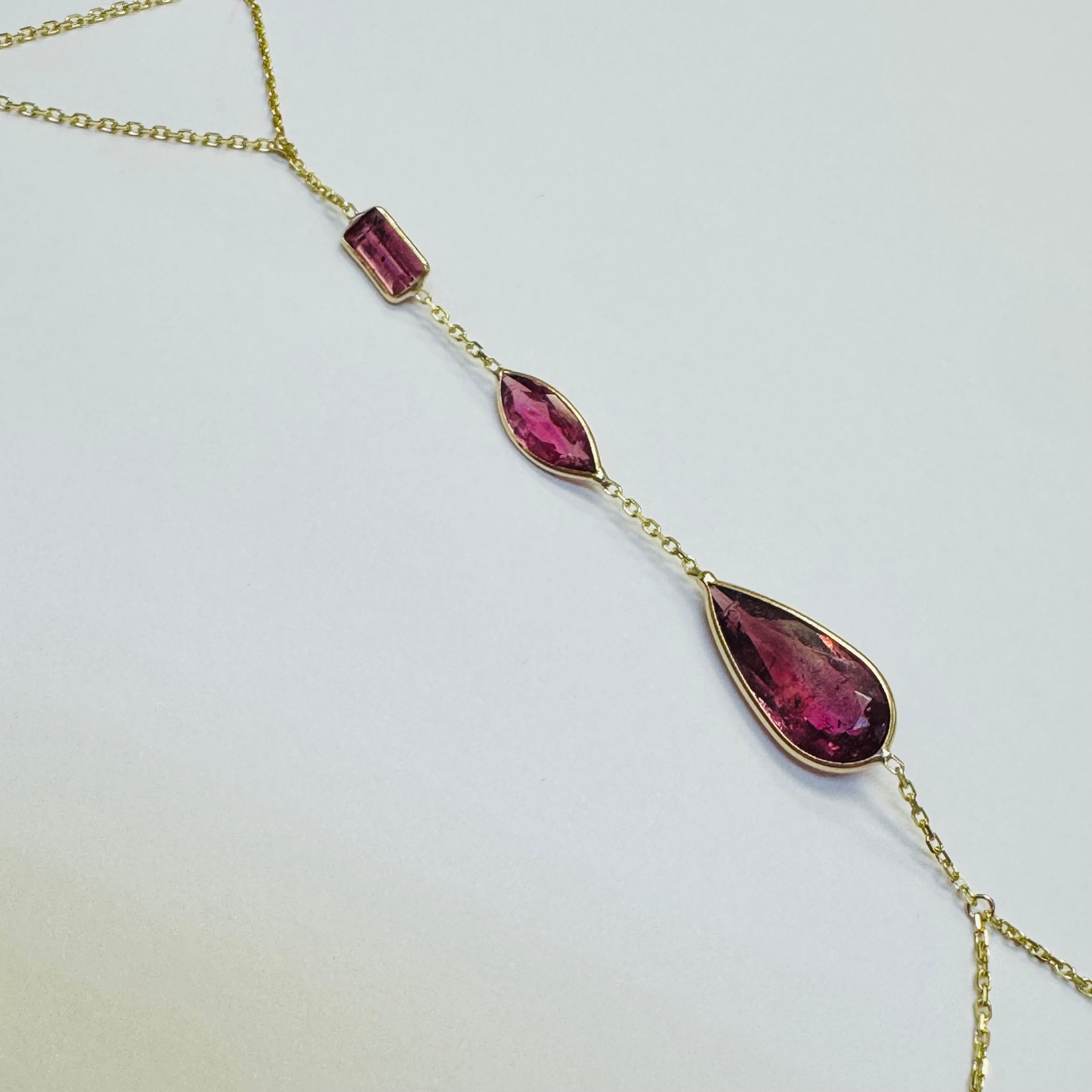 14K Yellow Gold Multi Shape Pink Tourmaline Handchain