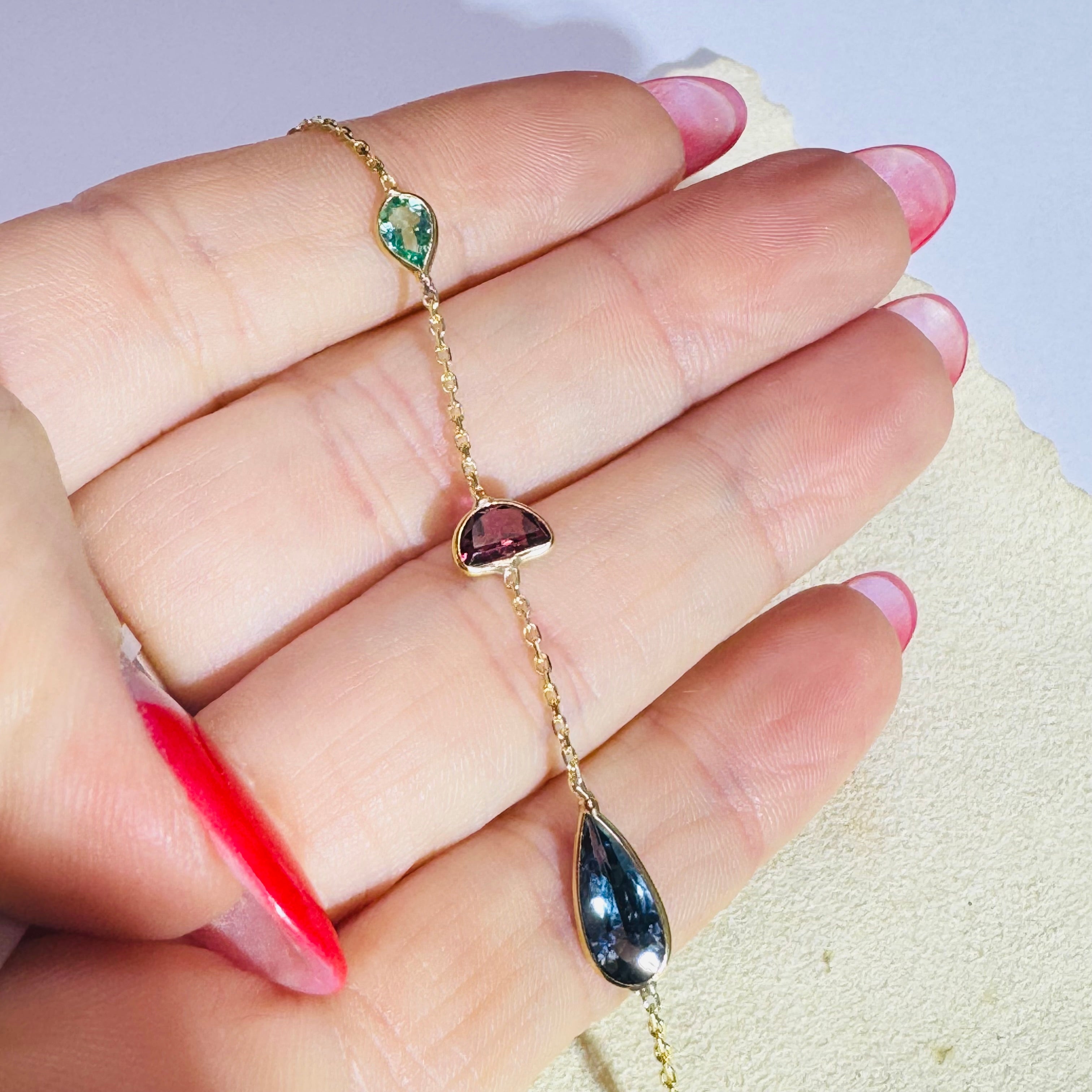 Emerald Garnet Tourmaline 14K Yellow Gold Handchain
