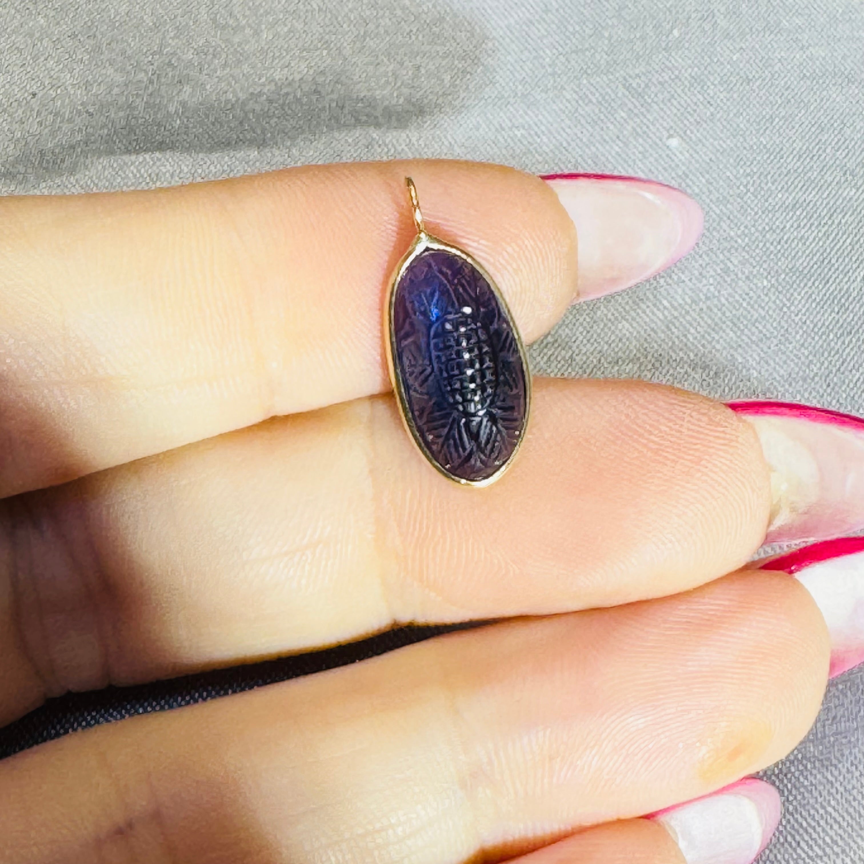 Carved Blue Iolite Pendant 14K Yellow Gold