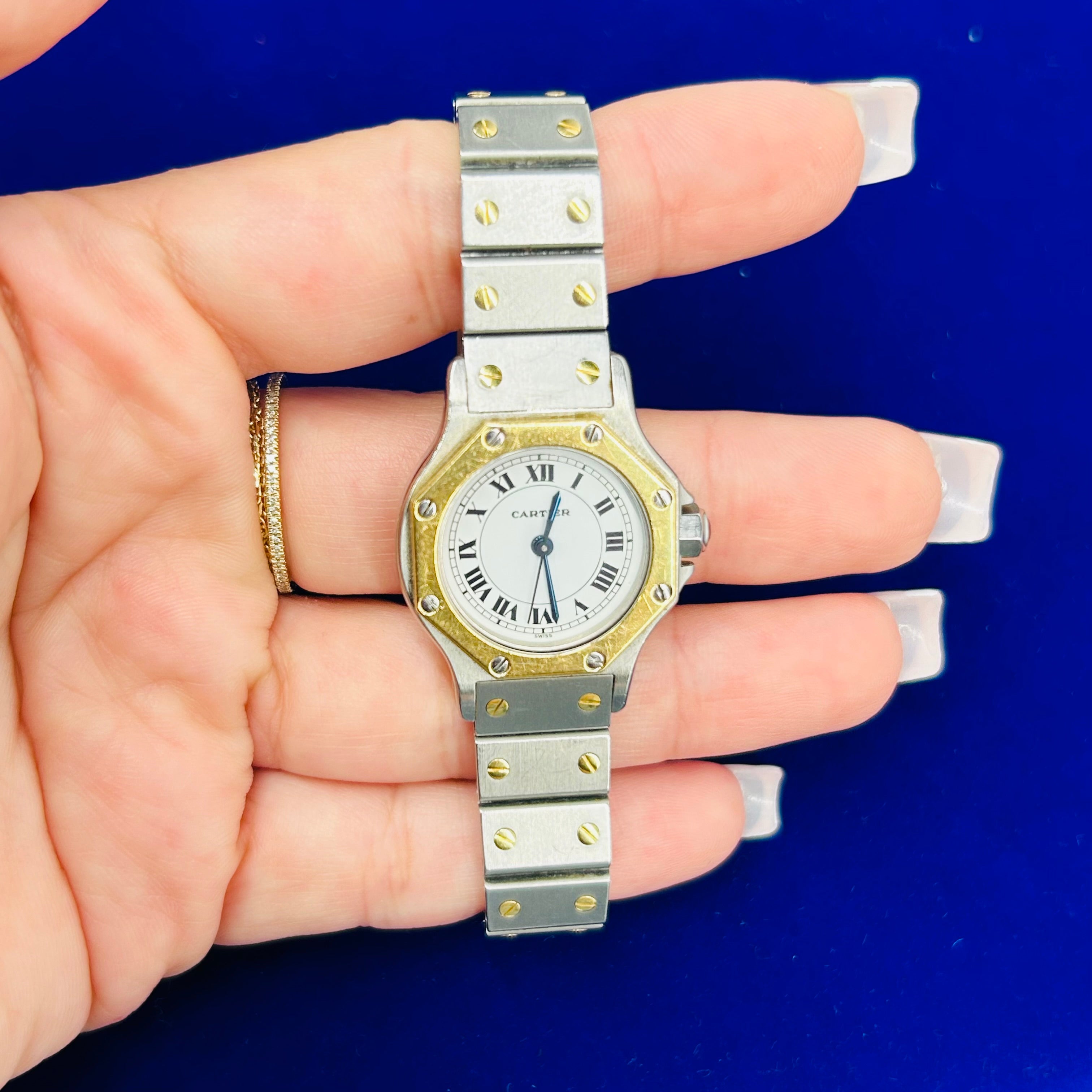 Cartier 18K Yellow Gold & Stainless Steel Octagon Santos Automatic Wrist 24mm Small Size