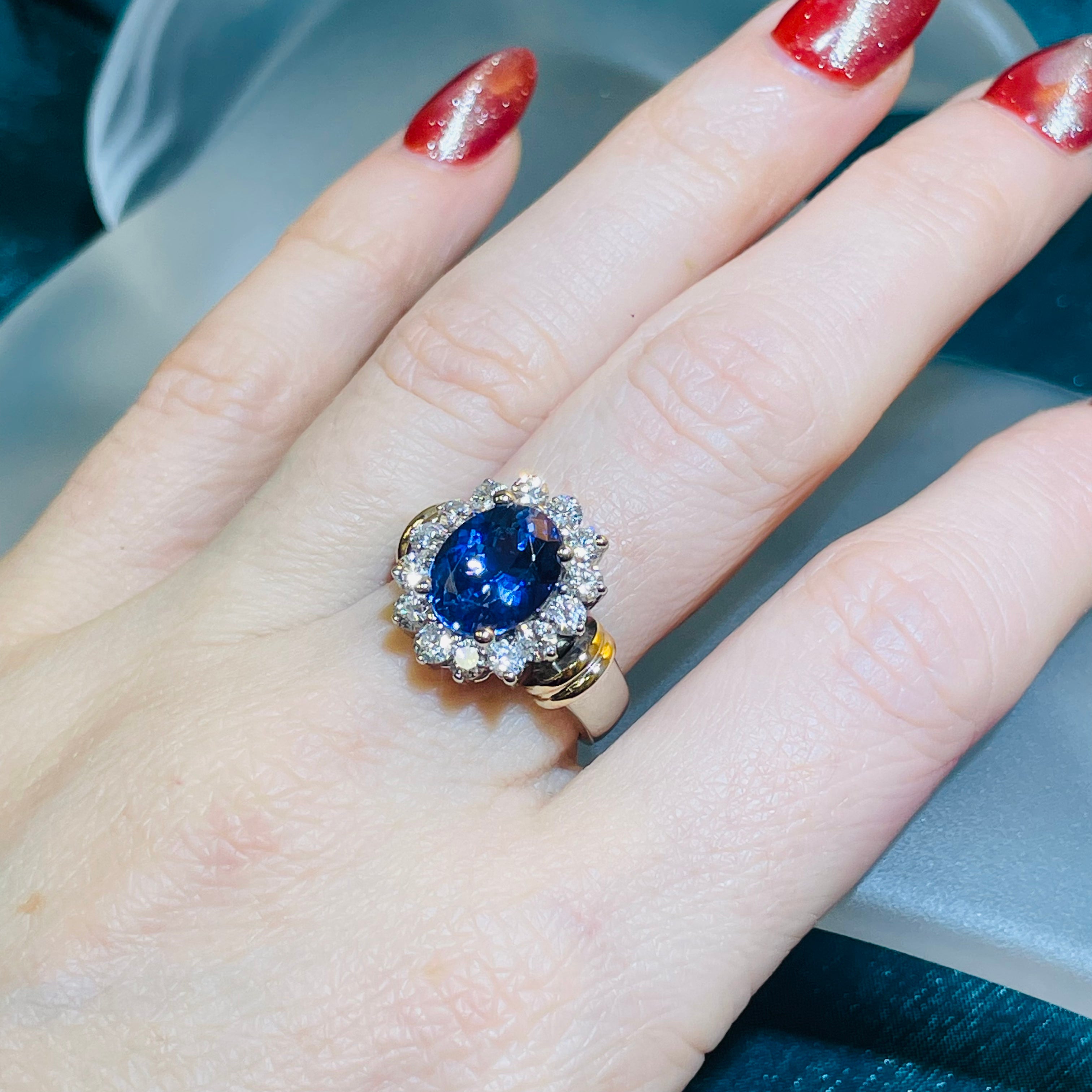 Magnificent Tanzanite and Diamond Halo Cocktail Ring 18K White Gold