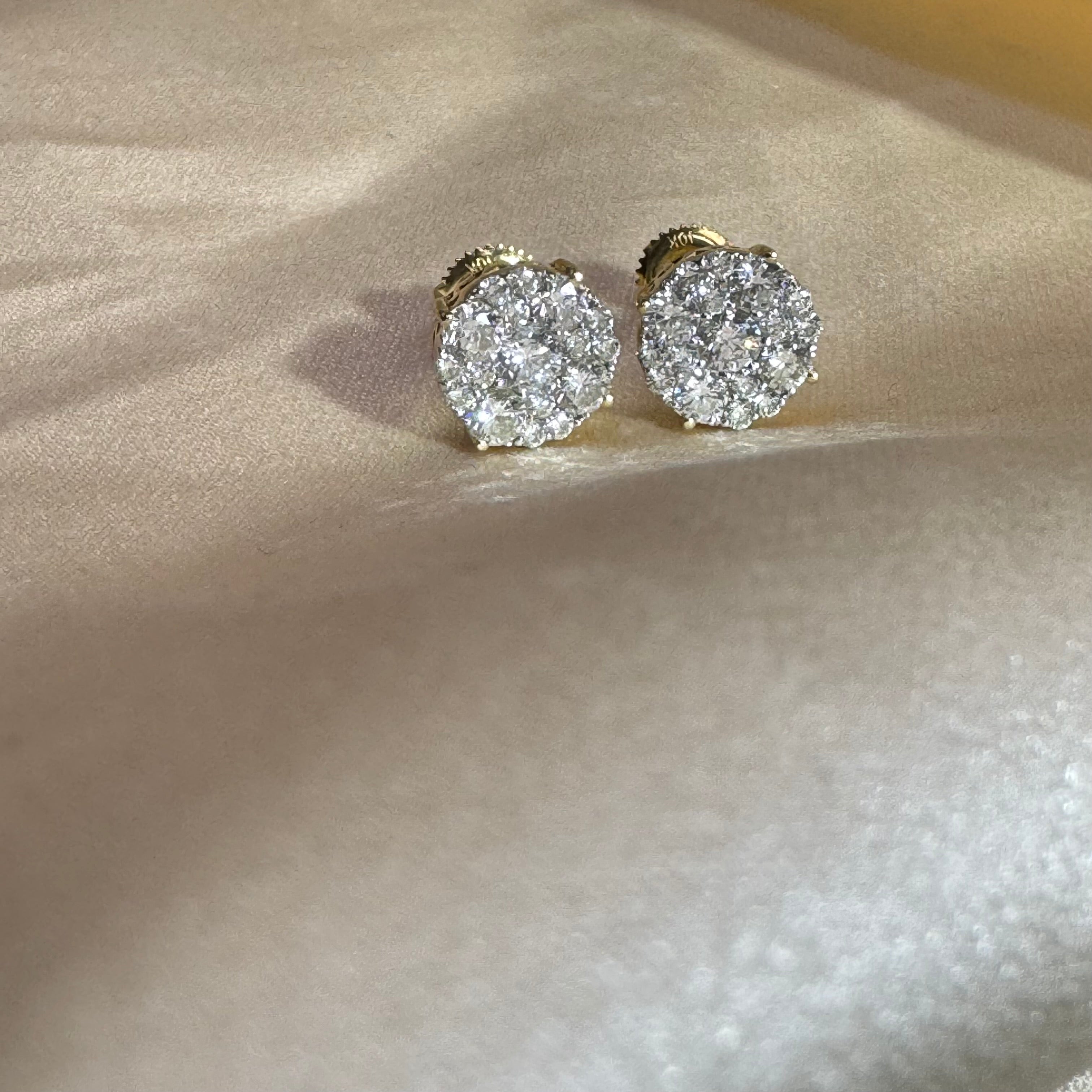 1.5CTW Diamond Cluster Earrings 10K Yellow Gold