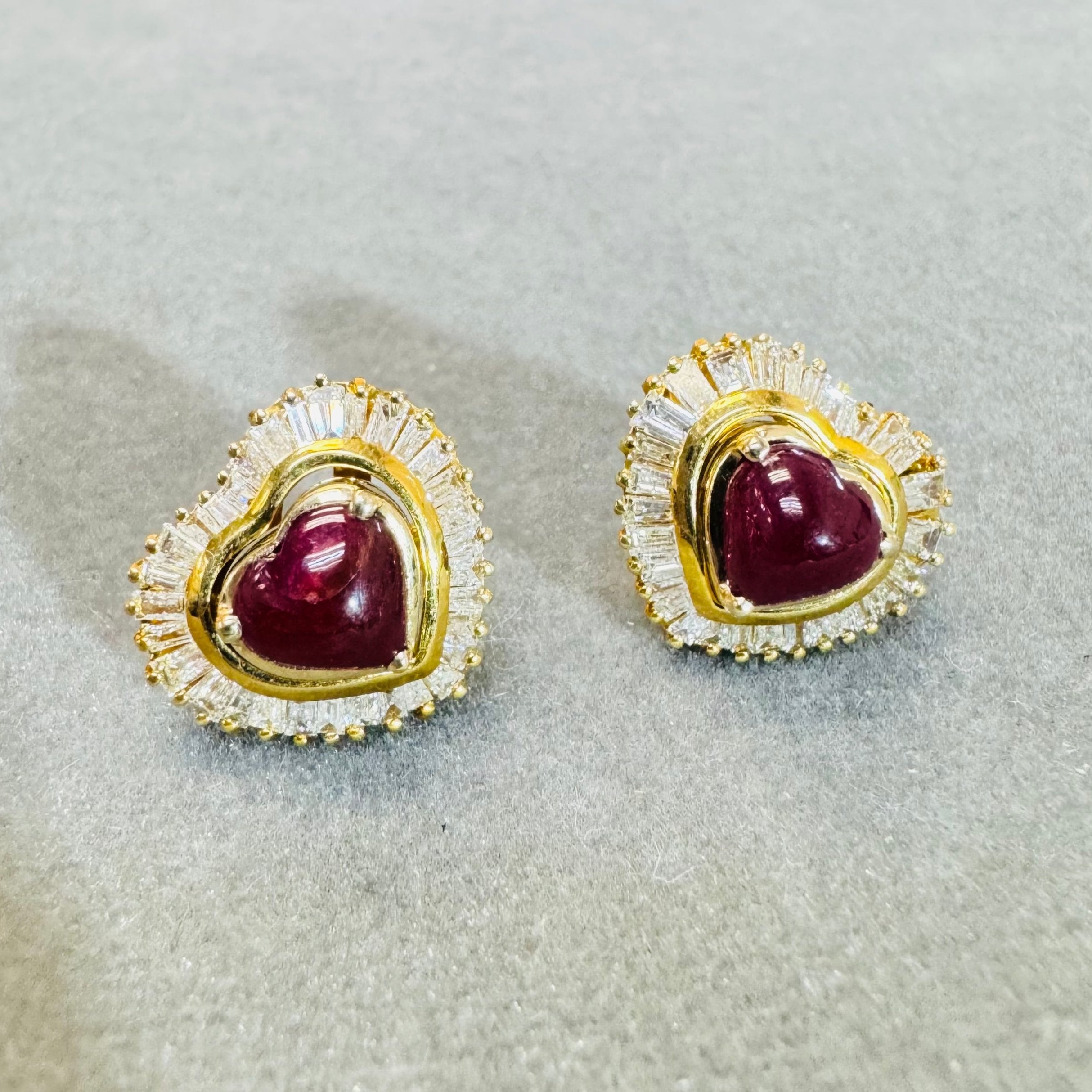 Natural Baguette Diamond and Ruby Cabochon 18K Yellow Gold Stud Earrings Convertible with Jackets