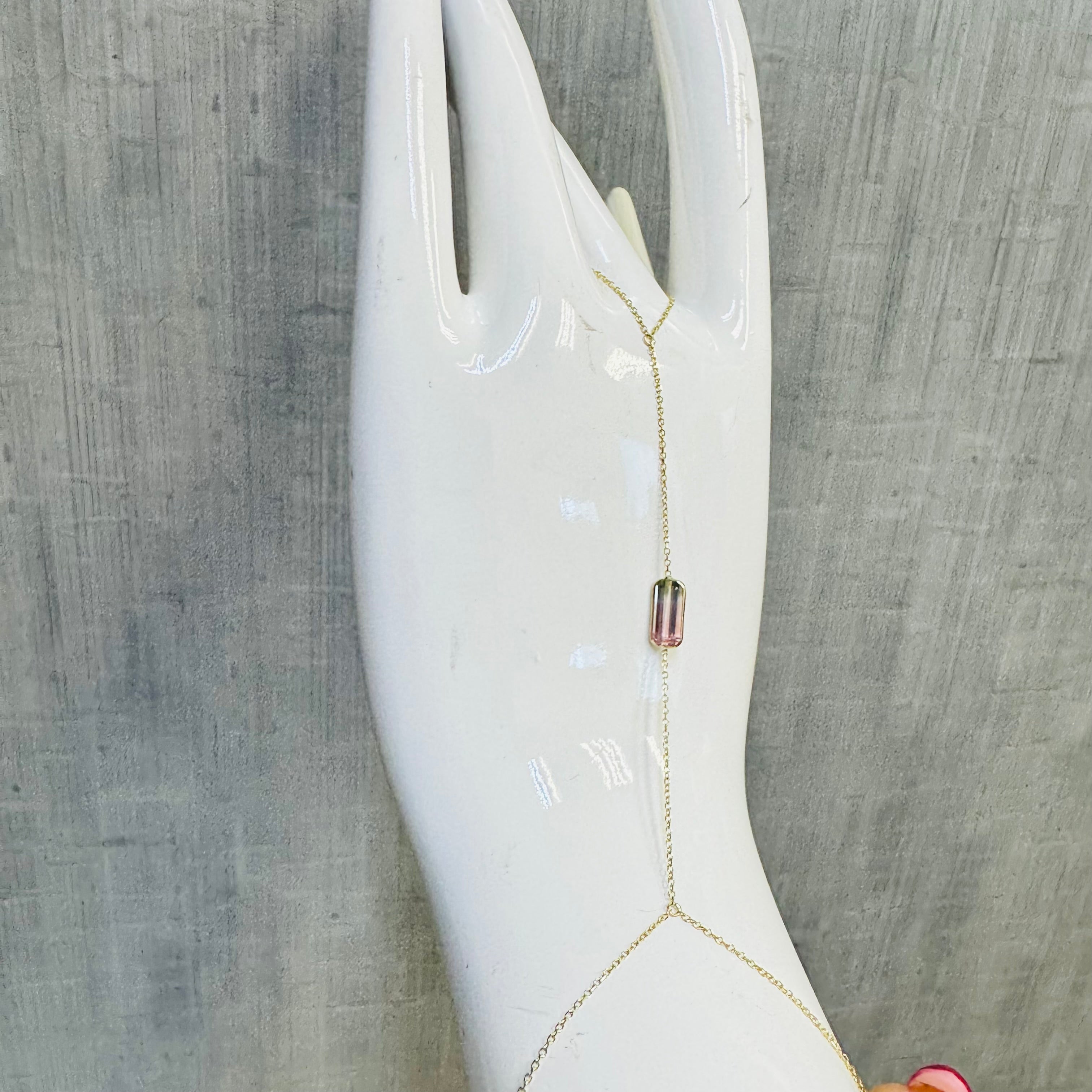 14K Yellow Gold Green and Pink Bi Color Tourmaline Handchain