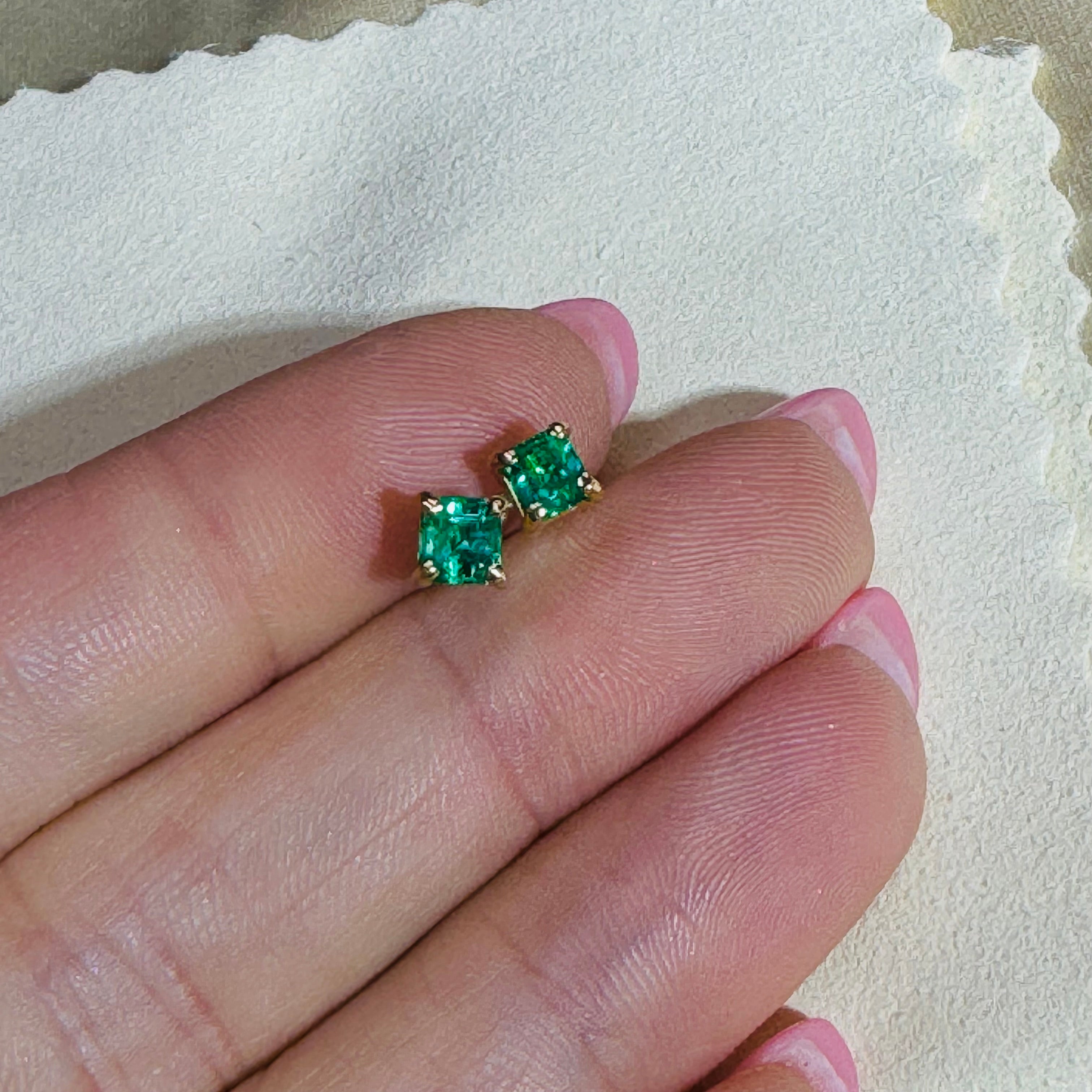 14K Yellow Gold Colombian Emerald Stud Earrings 5x5mm