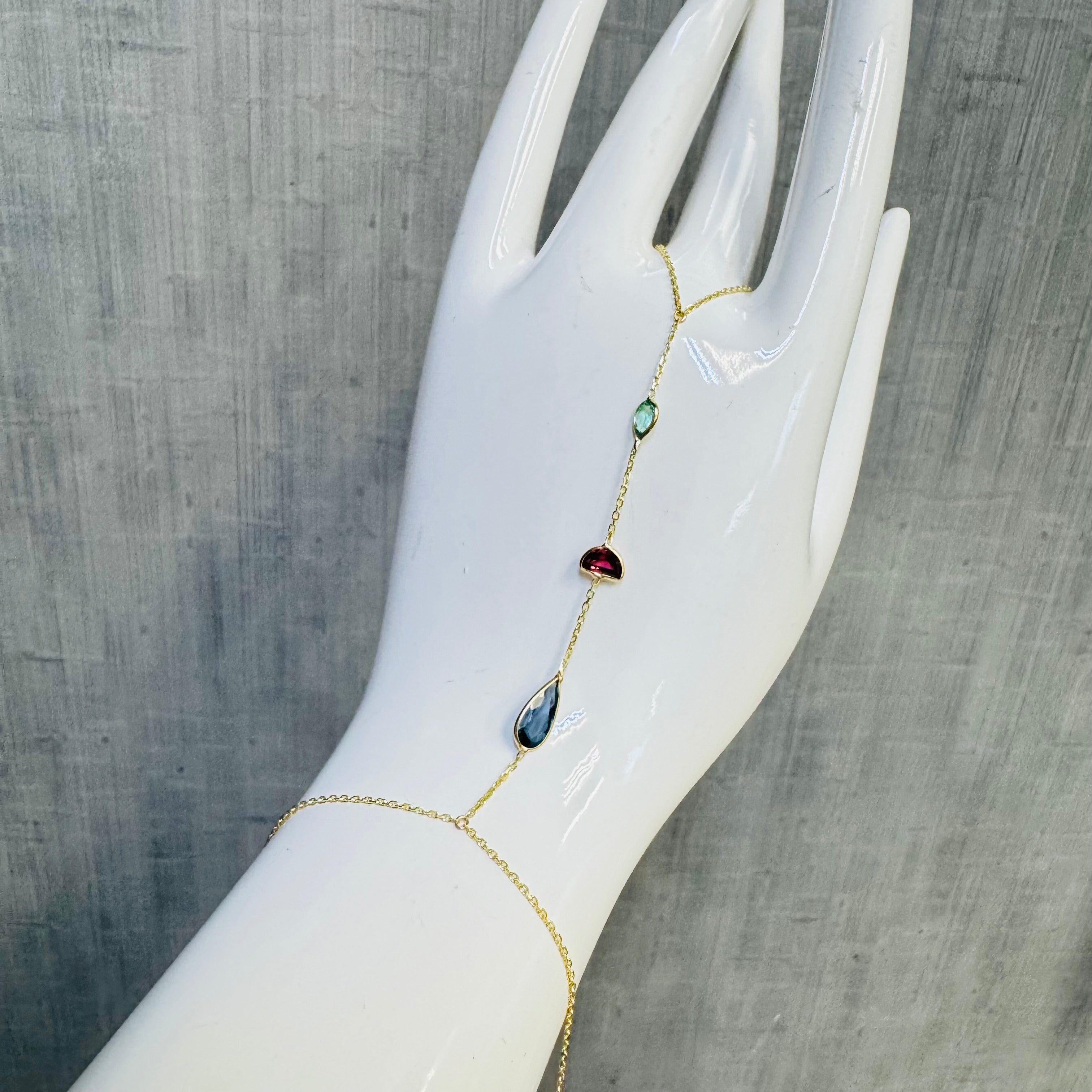 Emerald Garnet Tourmaline 14K Yellow Gold Handchain