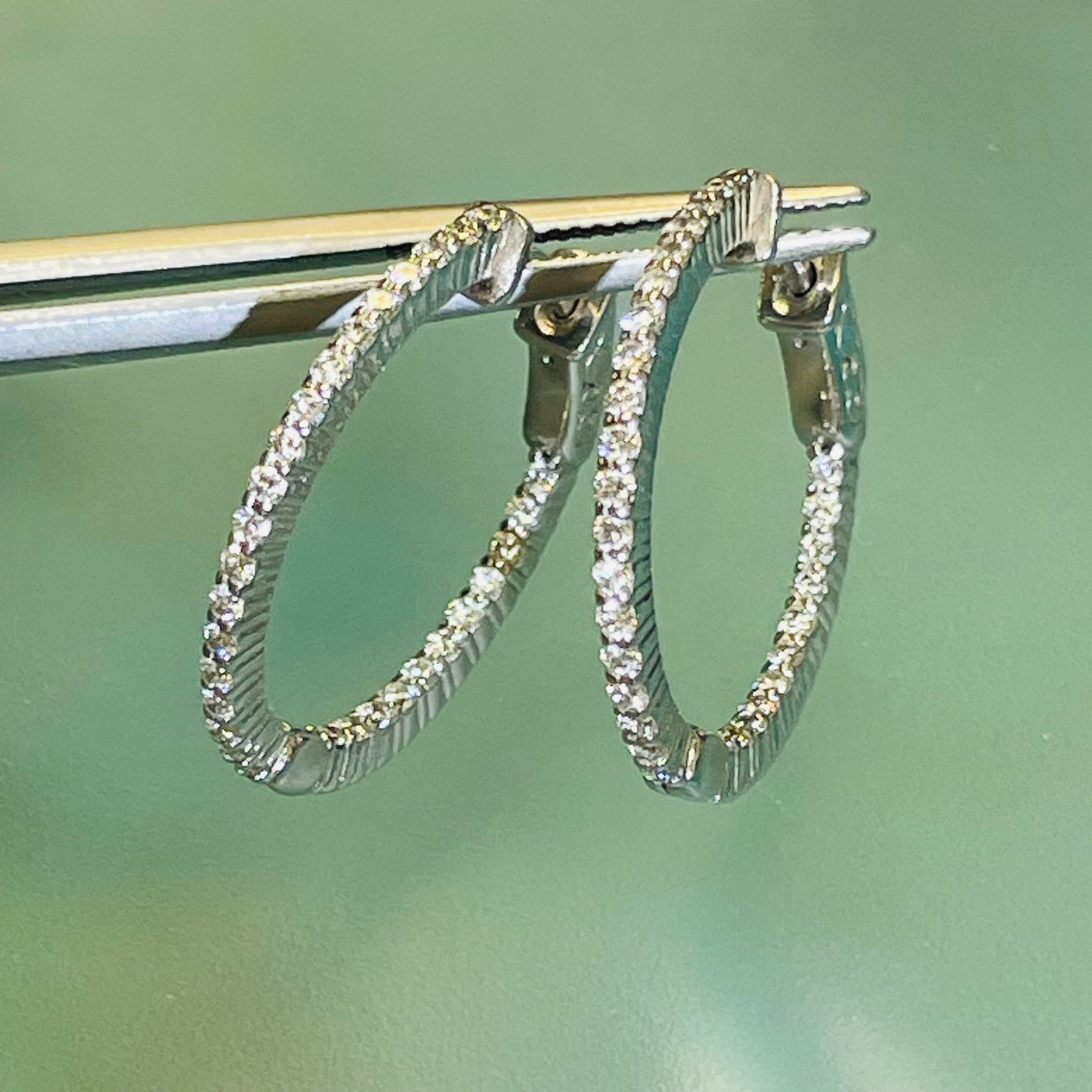 .75CT Natural Diamond Inside Outside Huggie Hoop Earrings 14K White Gold