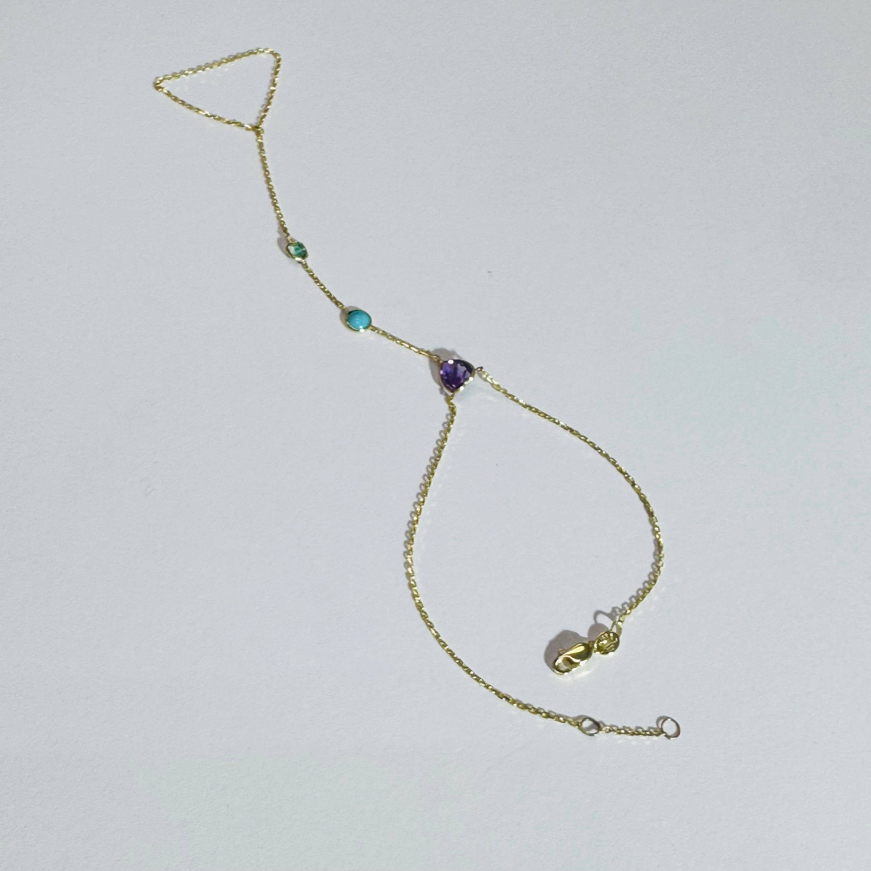 Emerald Turquoise Amethyst 14K Yellow Gold Handchain