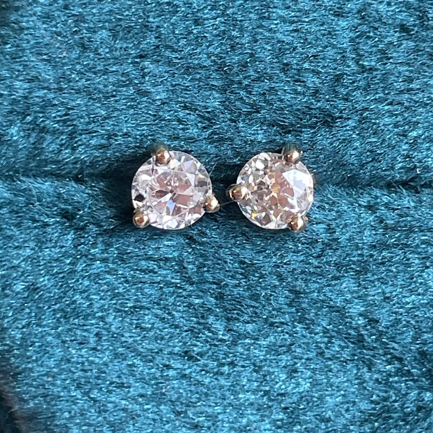 .64CTW Round Old Mine Diamond Stud Earrings 14K Yellow Gold