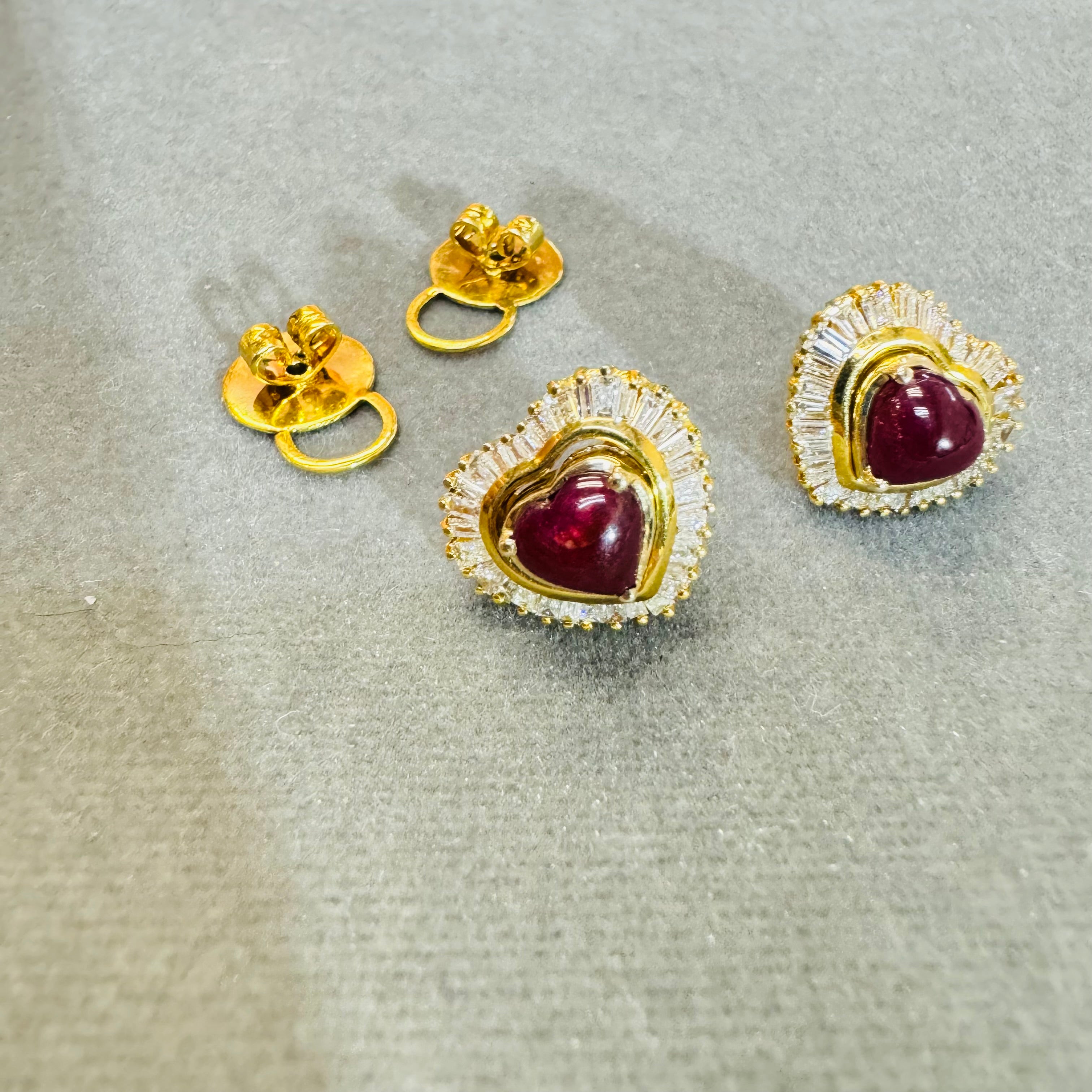 Natural Baguette Diamond and Ruby Cabochon 18K Yellow Gold Stud Earrings Convertible with Jackets