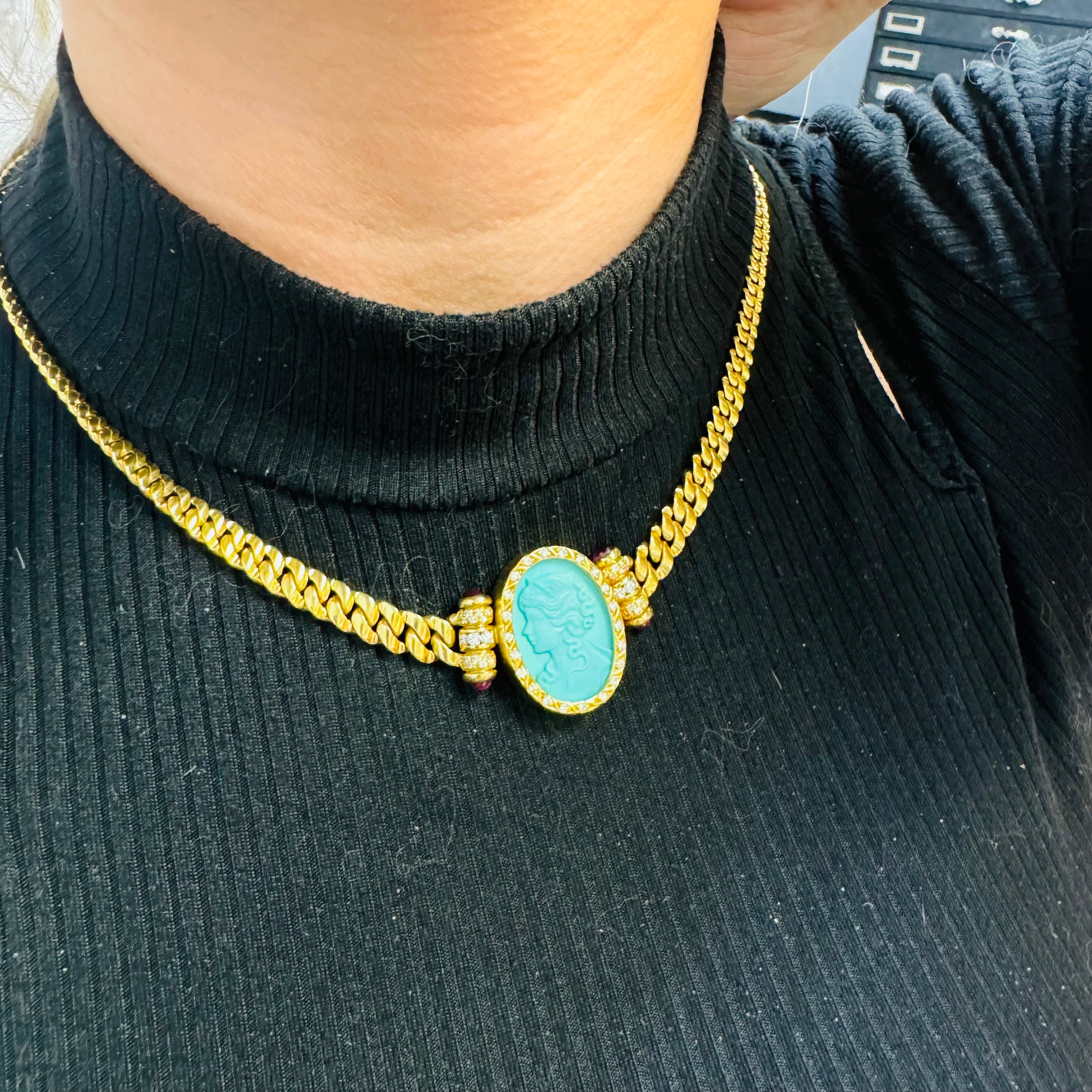 Vintage Persian Turquoise Cameo Necklace on  a Tapered Curb Link Solid 18K Gold