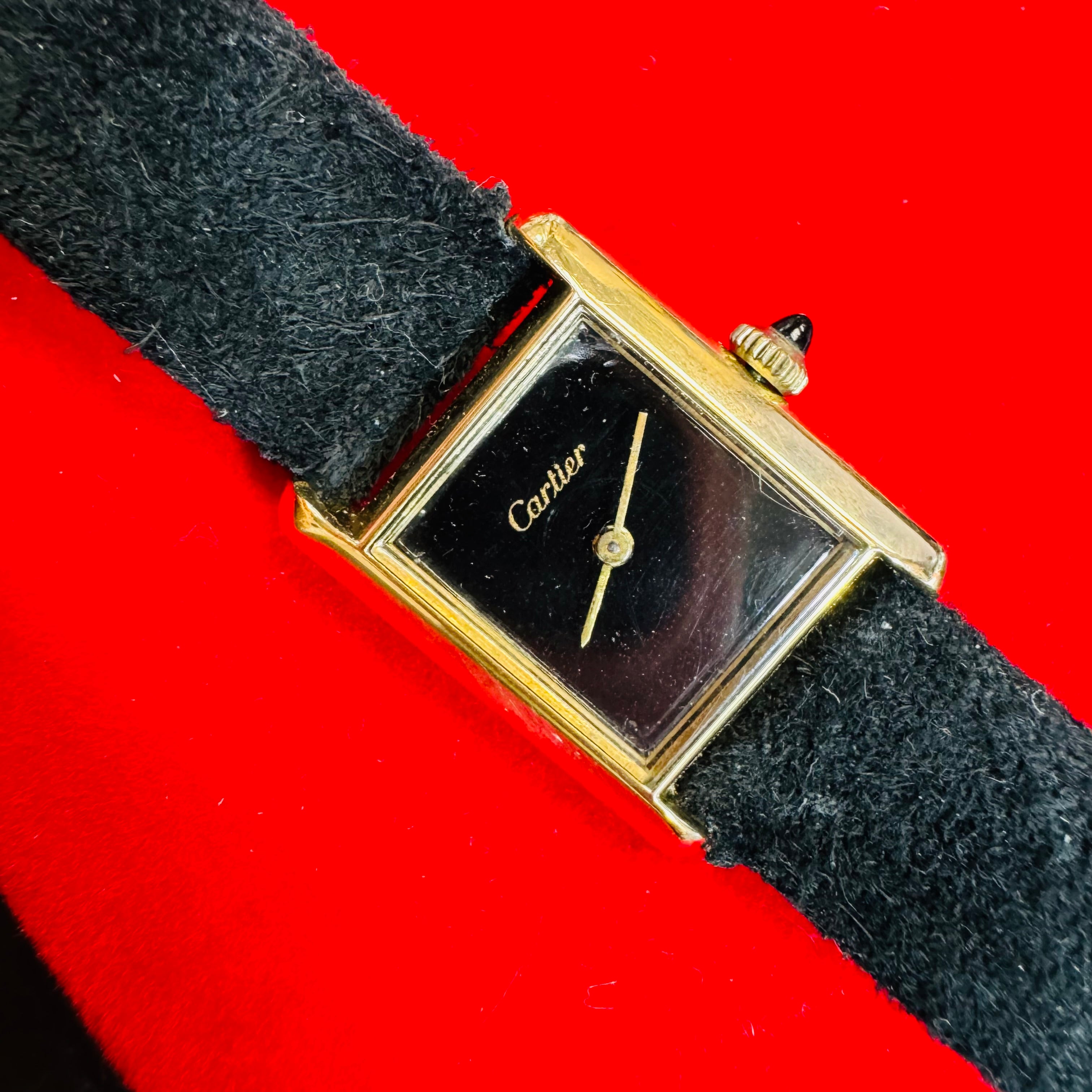 20mm Gold Vermeil Black Face Cartier Tank Wristwatch