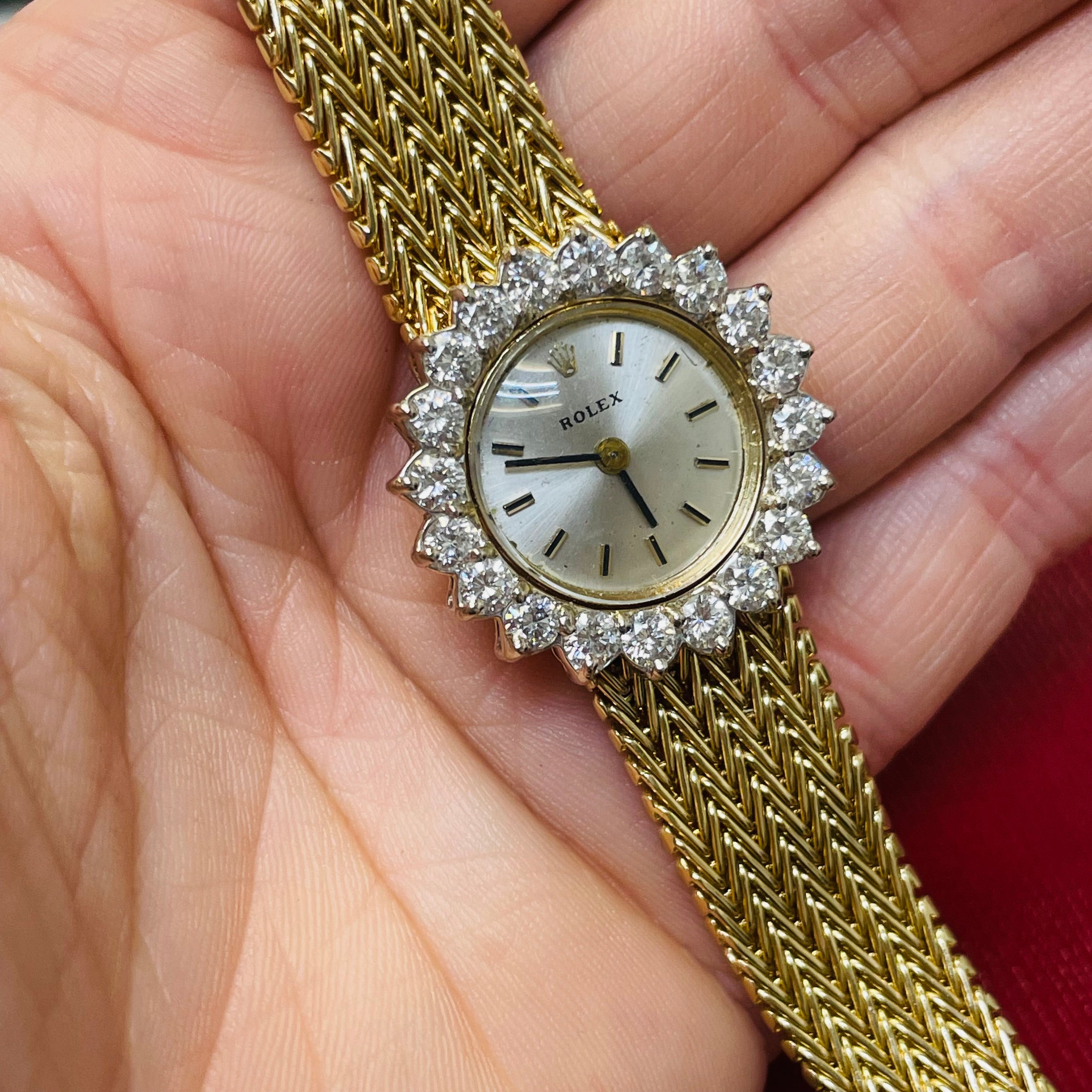 25mm Vintage Ladies Rolex Wristwatch with Factory Diamond Halo Bezel in Solid 14K Yellow Gold