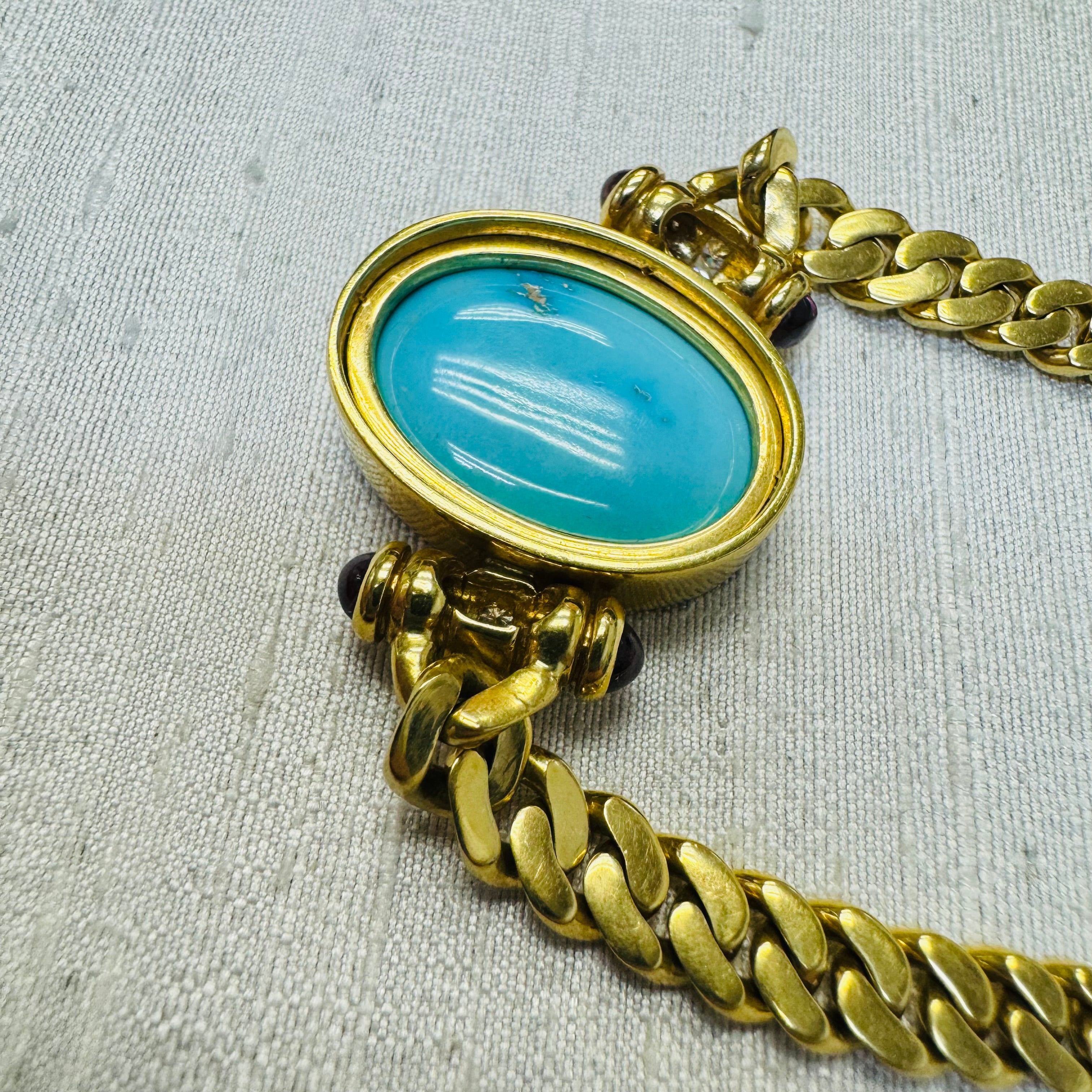 Vintage Persian Turquoise Cameo Necklace on  a Tapered Curb Link Solid 18K Gold