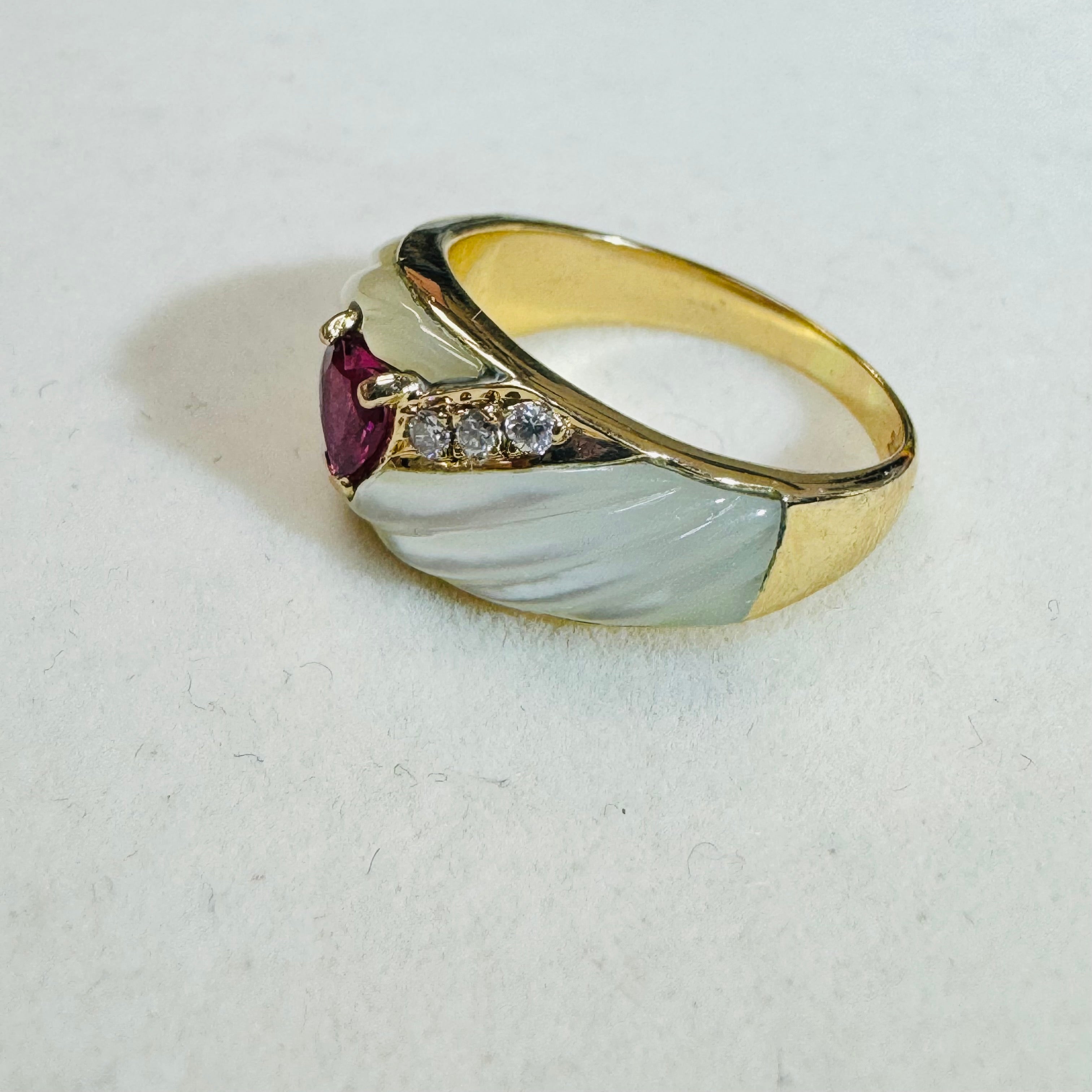 14k Yellow Gold Diamond Mother of Pearl and Ruby Heart Ring Size 7