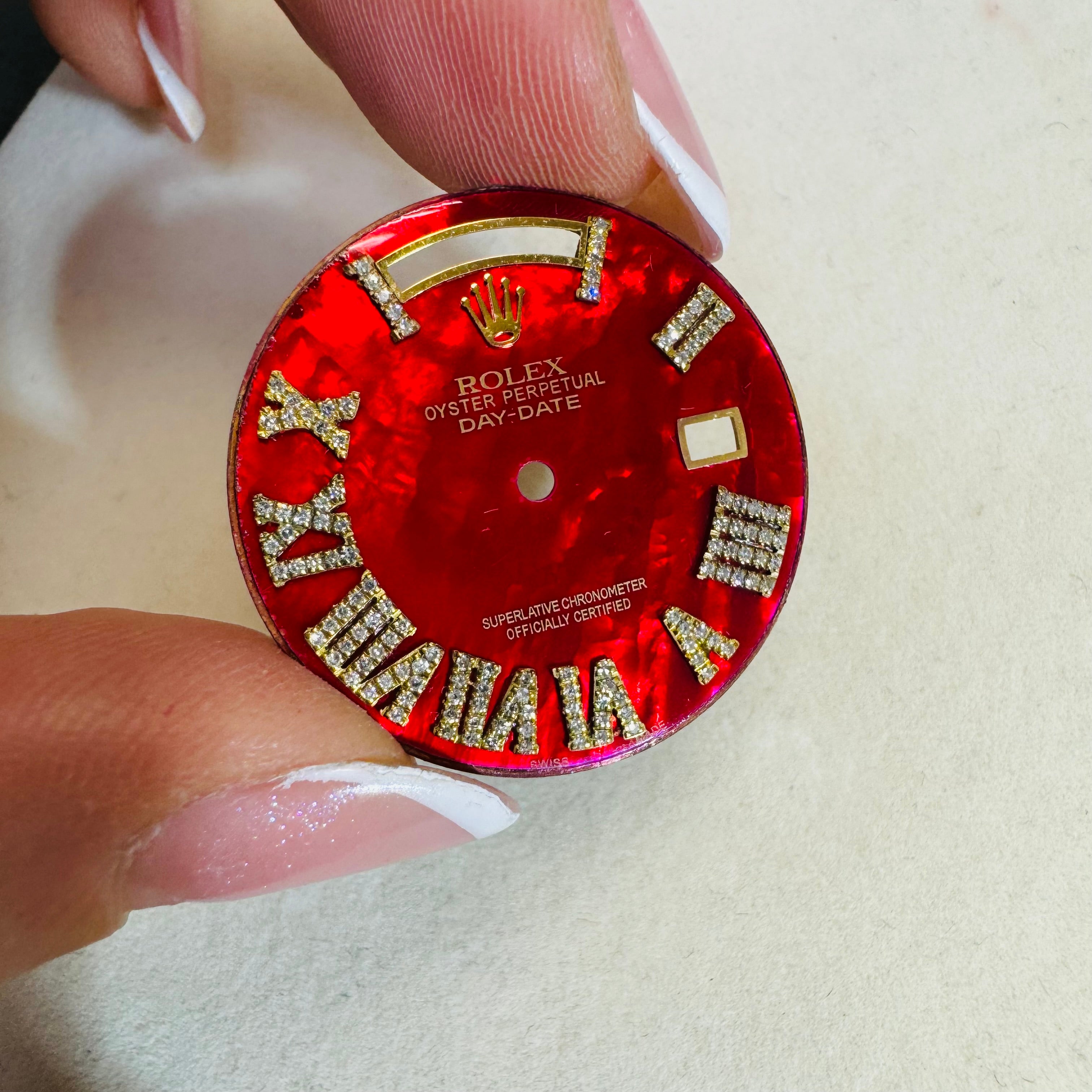 Spectacular Red Mother of Pearl Diamond Roman Numeral Dial for DayDate Rolex Watch